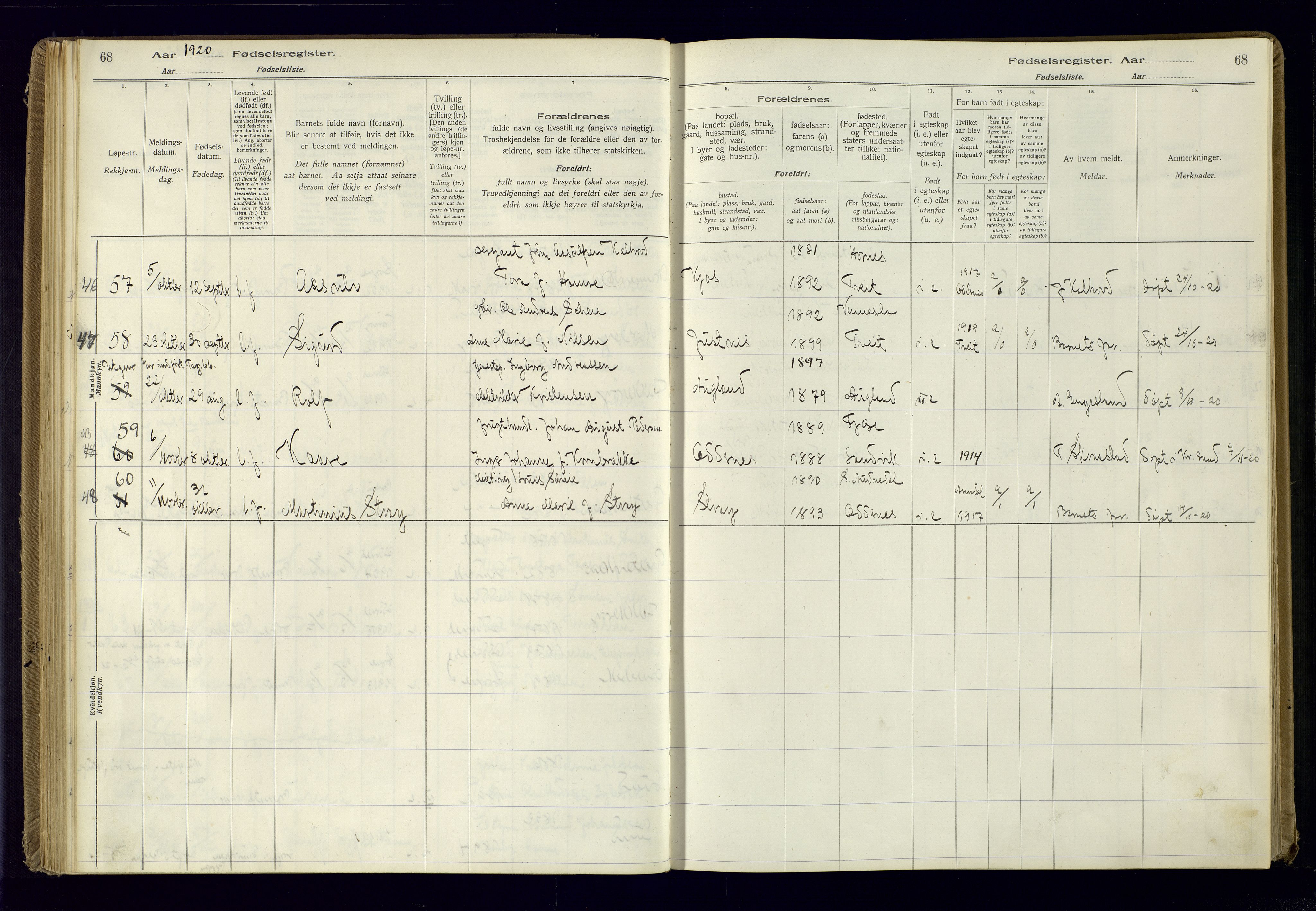 Oddernes sokneprestkontor, AV/SAK-1111-0033/J/Ja/L0001: Birth register no. 1, 1916-1935, p. 68