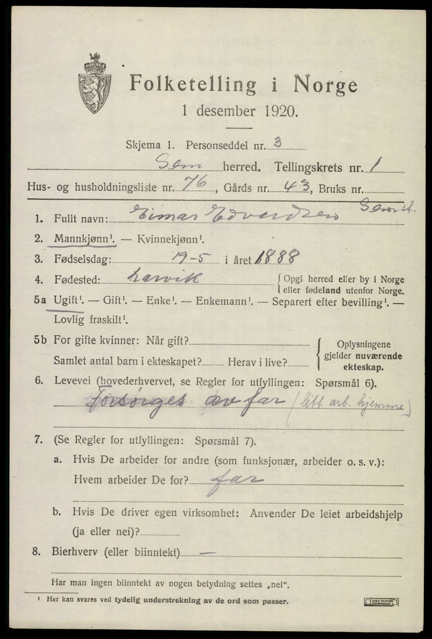 SAKO, 1920 census for Sem, 1920, p. 3603