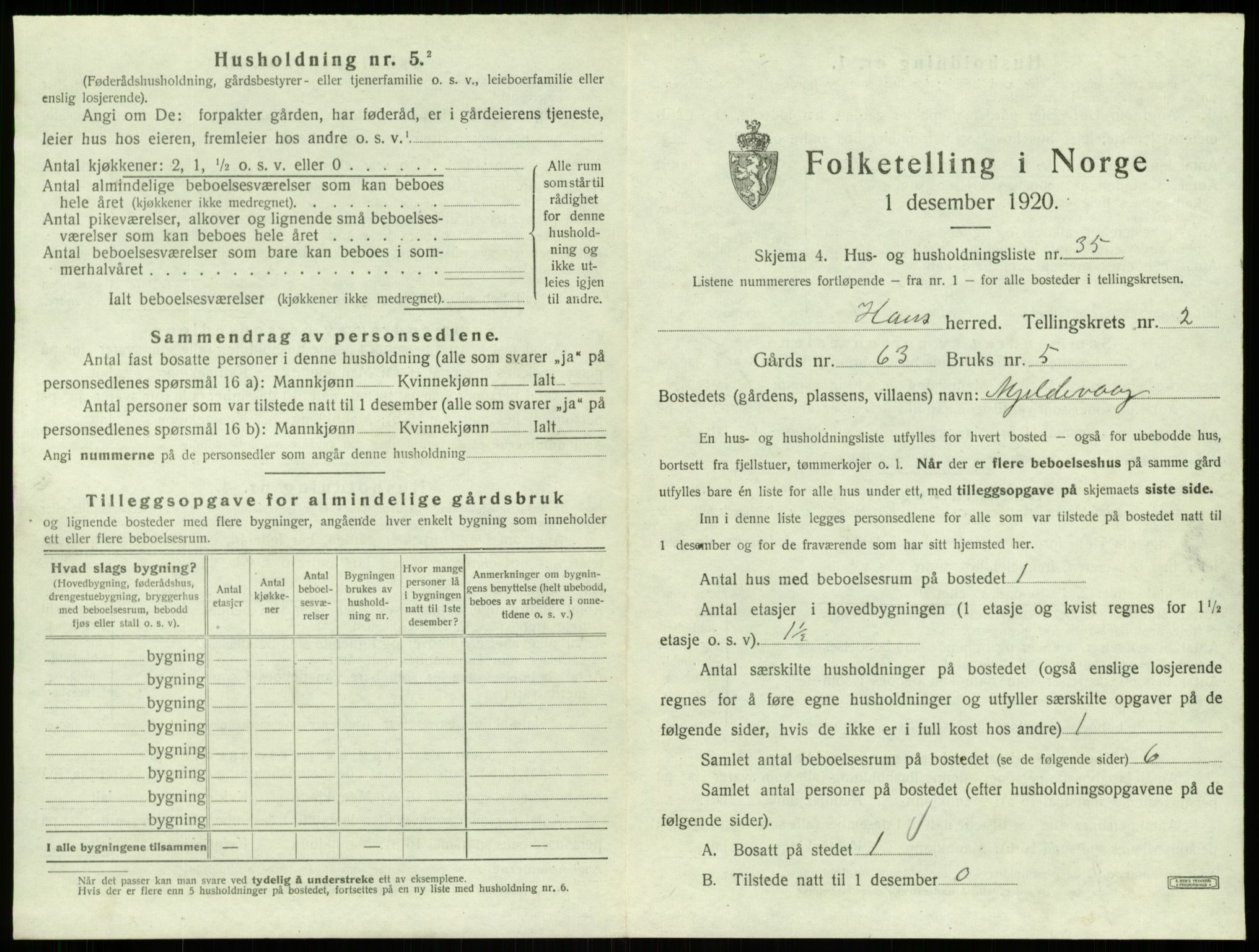 SAB, 1920 census for Haus, 1920, p. 186