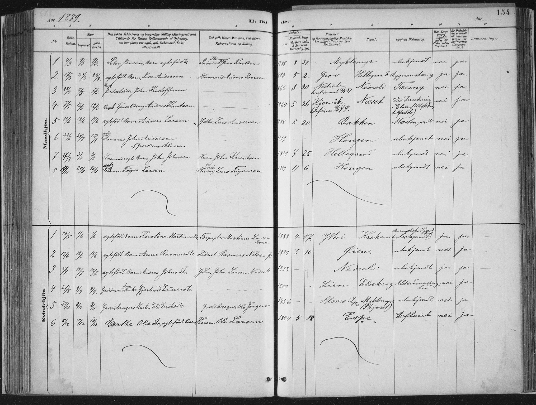 Jostedal sokneprestembete, SAB/A-80601/H/Haa/Haab/L0001: Parish register (official) no. B 1, 1887-1914, p. 154