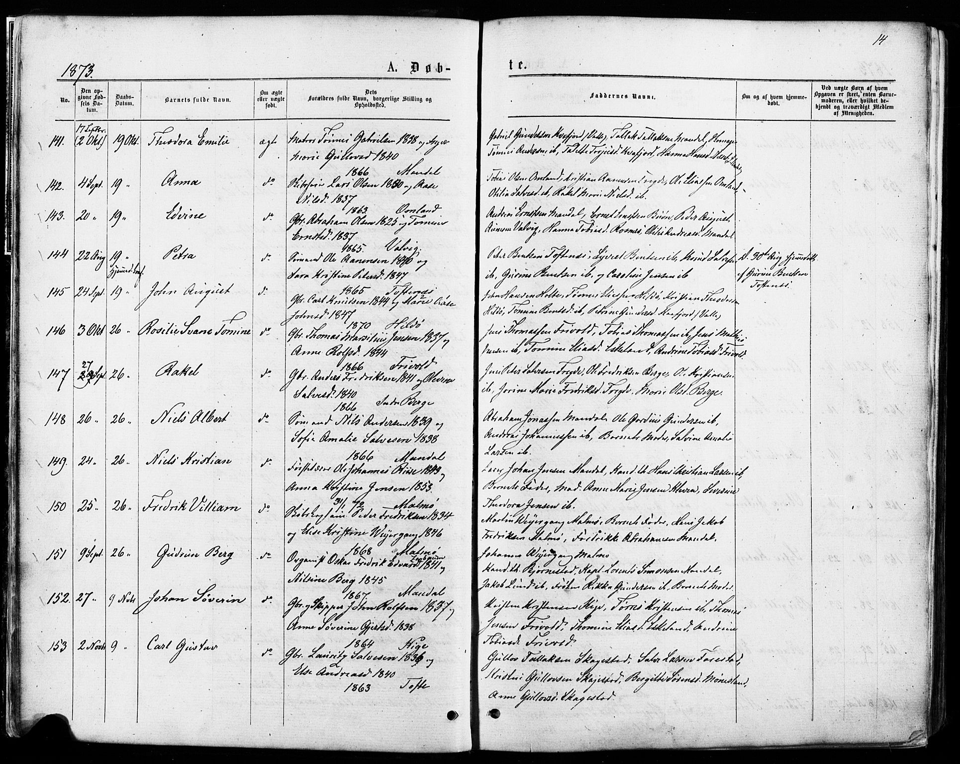 Mandal sokneprestkontor, AV/SAK-1111-0030/F/Fa/Faa/L0015: Parish register (official) no. A 15, 1873-1879, p. 14