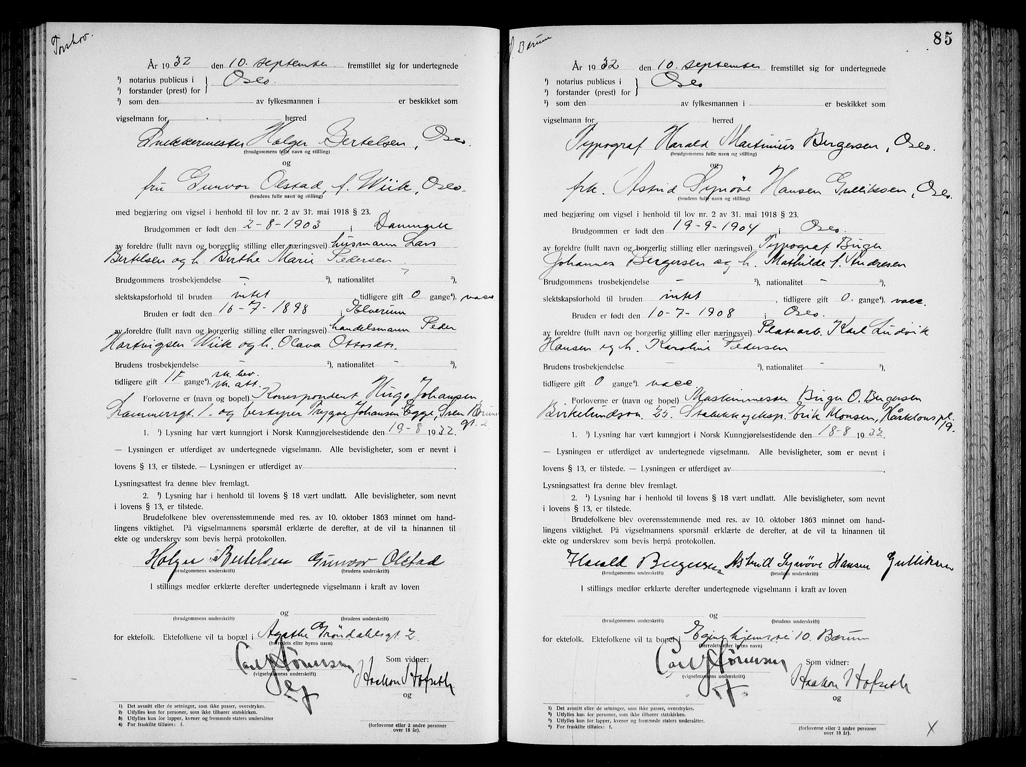 Oslo byfogd avd. I, AV/SAO-A-10220/L/Lb/Lbb/L0022: Notarialprotokoll, rekke II: Vigsler, 1932-1933, p. 84b-85a