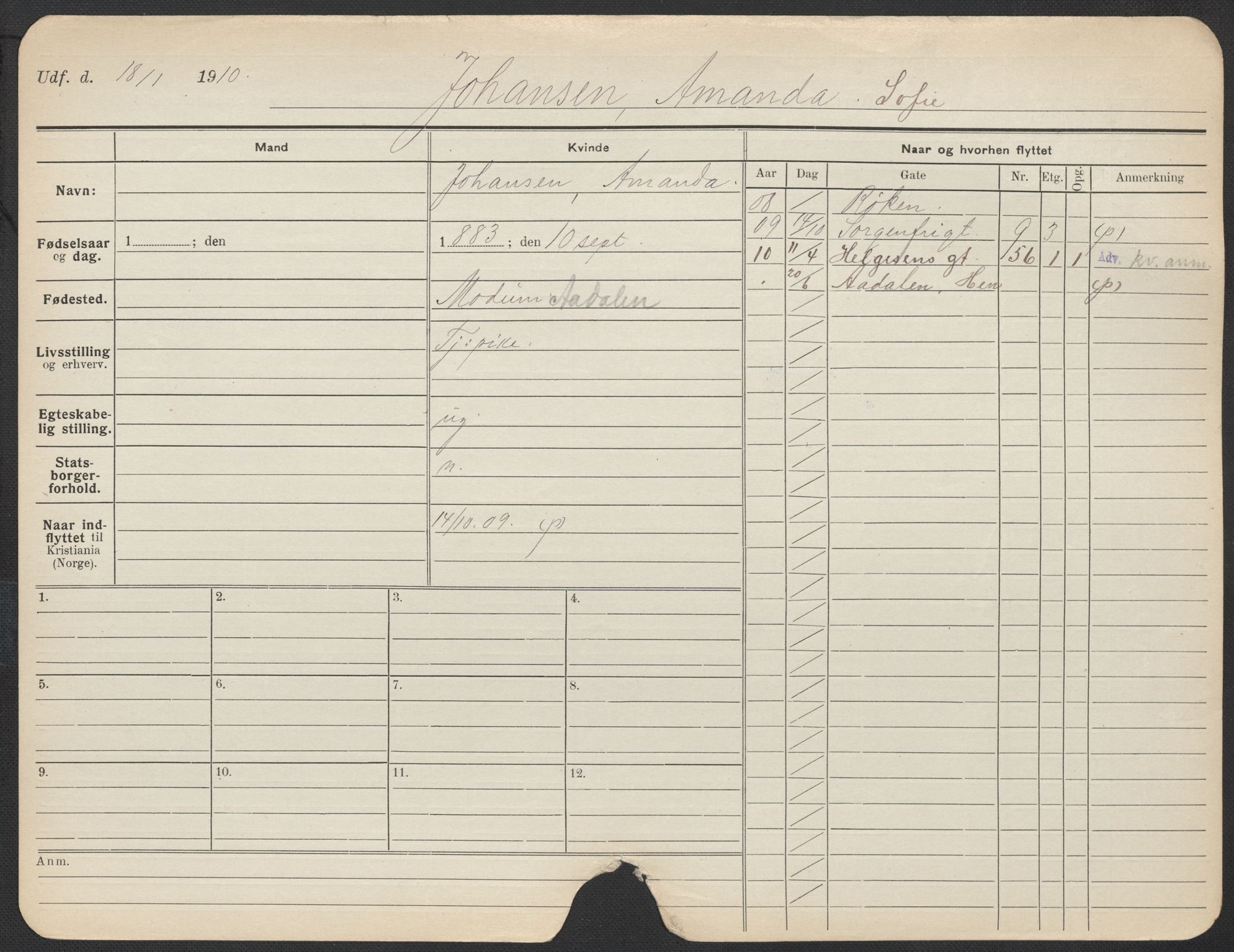 Oslo folkeregister, Registerkort, AV/SAO-A-11715/F/Fa/Fac/L0017: Kvinner, 1906-1914, p. 599a