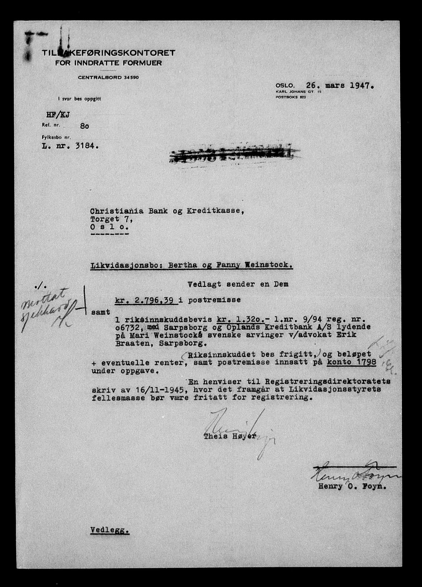 Justisdepartementet, Tilbakeføringskontoret for inndratte formuer, AV/RA-S-1564/H/Hc/Hcc/L0986: --, 1945-1947, p. 18