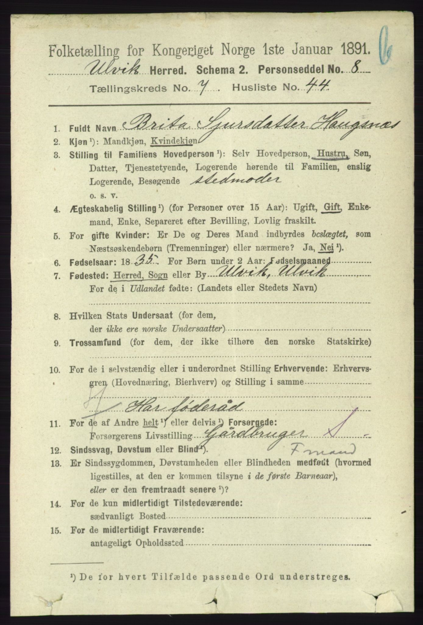 RA, 1891 census for 1233 Ulvik, 1891, p. 2528