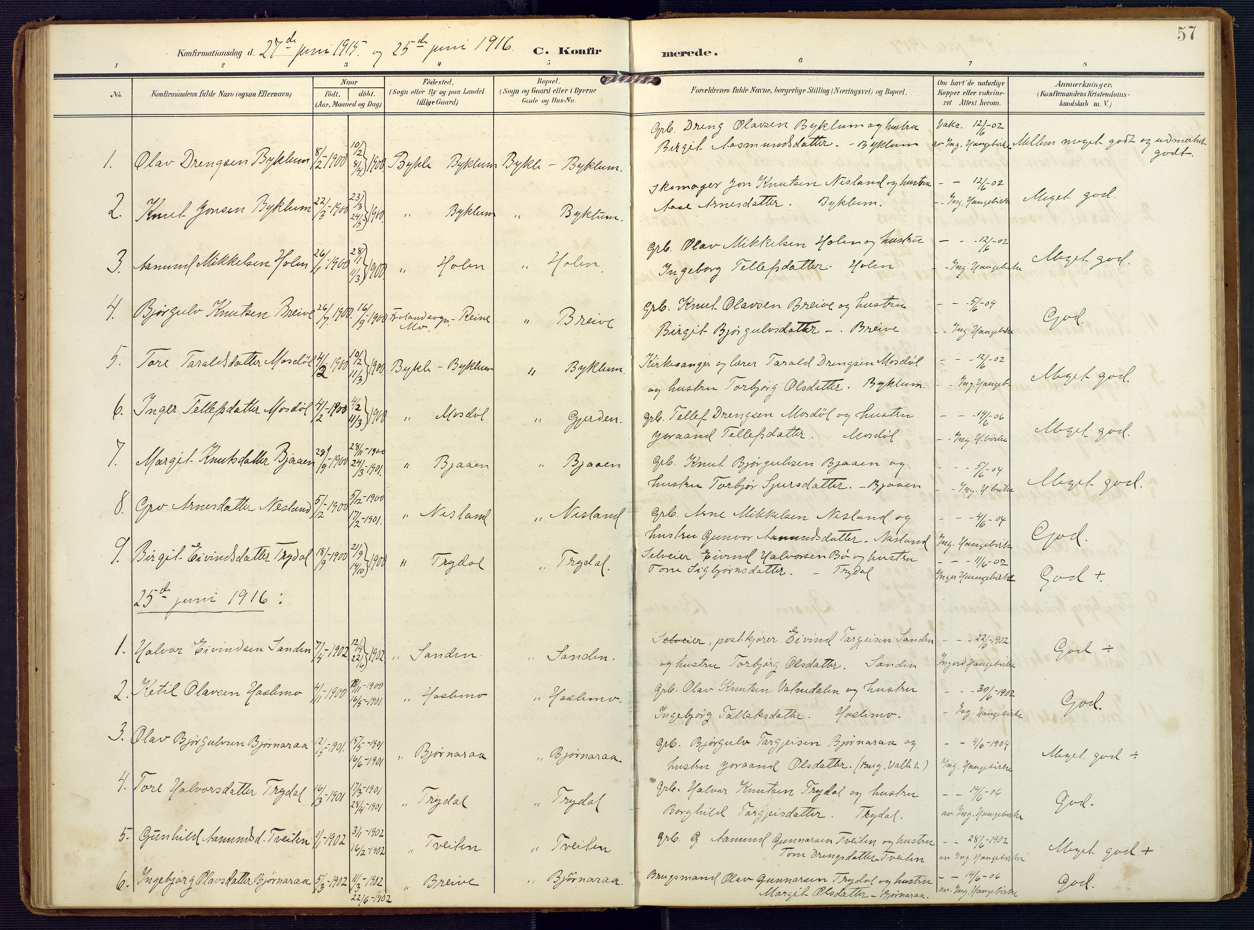 Valle sokneprestkontor, SAK/1111-0044/F/Fa/Faa/L0002: Parish register (official) no. A 2, 1907-1919, p. 57