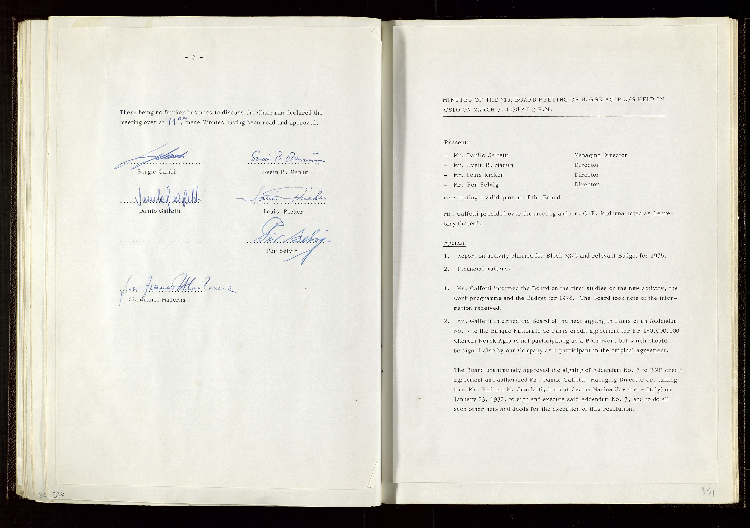 Pa 1583 - Norsk Agip AS, SAST/A-102138/A/Aa/L0002: General assembly and Board of Directors meeting minutes, 1972-1979, p. 330-331