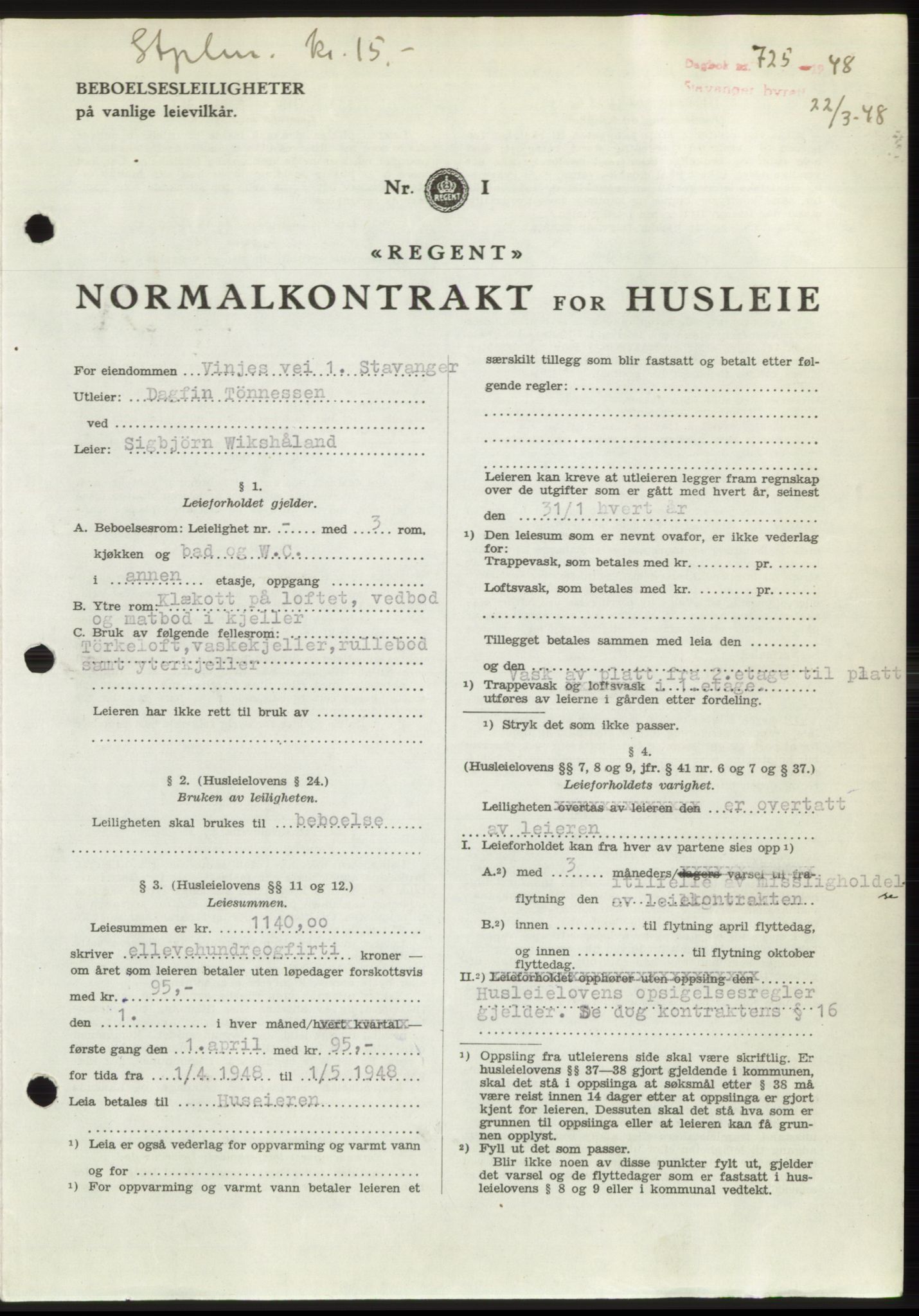 Stavanger byrett, SAST/A-100455/002/G/Gb/L0032: Mortgage book, 1947-1950, Diary no: : 725/1948