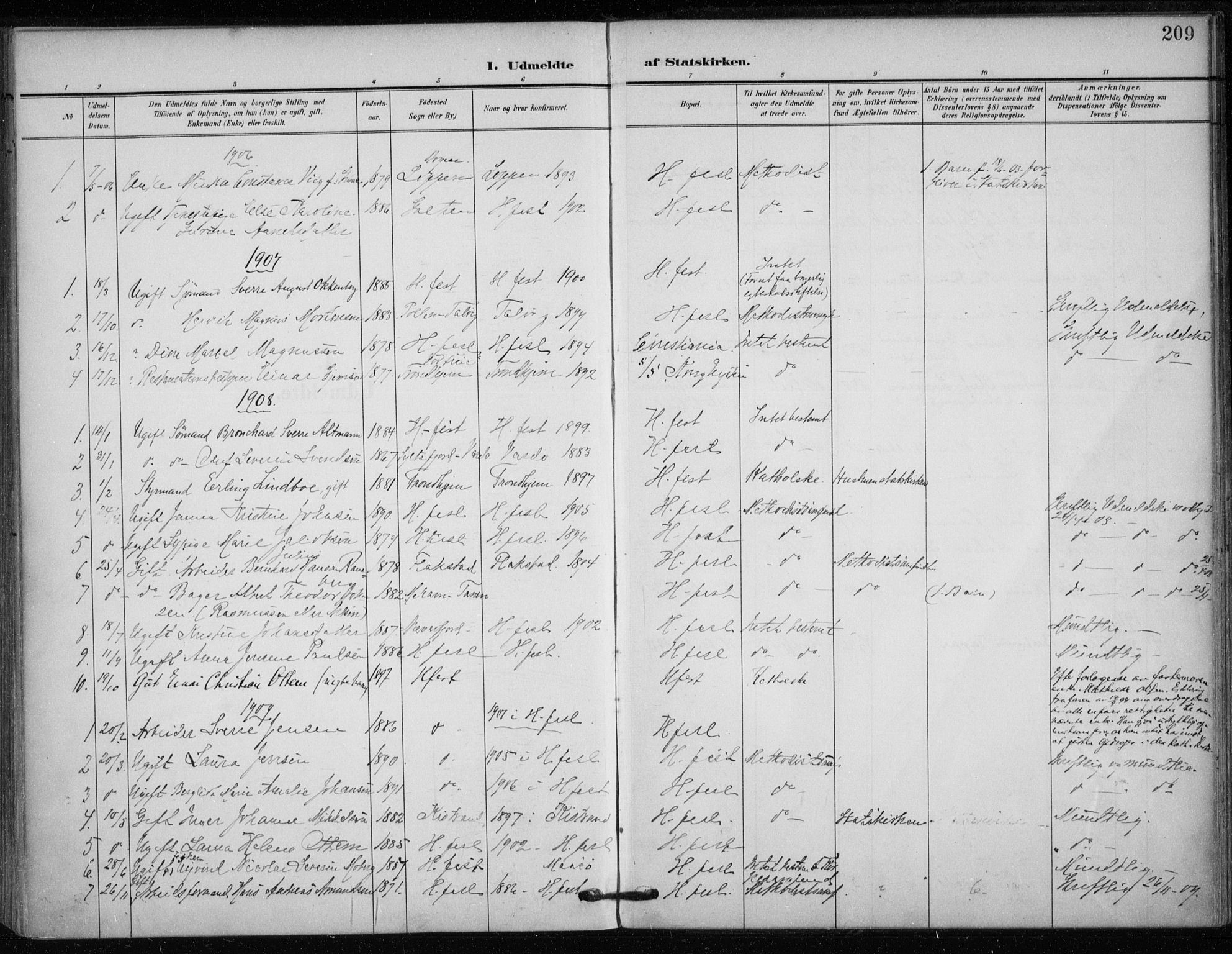 Hammerfest sokneprestkontor, SATØ/S-1347/H/Ha/L0014.kirke: Parish register (official) no. 14, 1906-1916, p. 209
