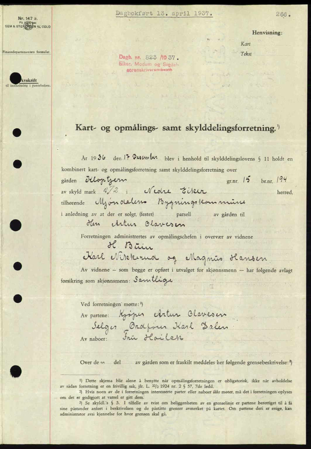 Eiker, Modum og Sigdal sorenskriveri, SAKO/A-123/G/Ga/Gab/L0035: Mortgage book no. A5, 1937-1937, Diary no: : 823/1937