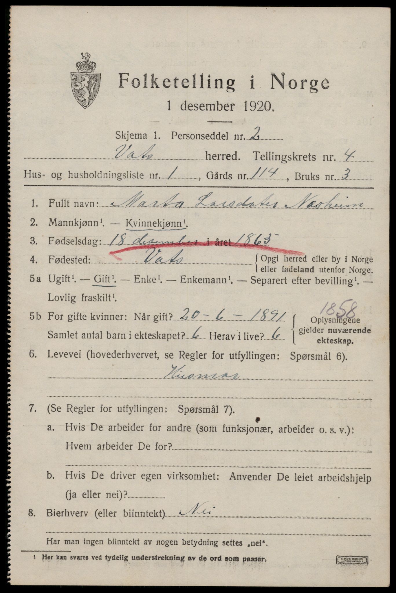 SAST, 1920 census for Vats, 1920, p. 1447