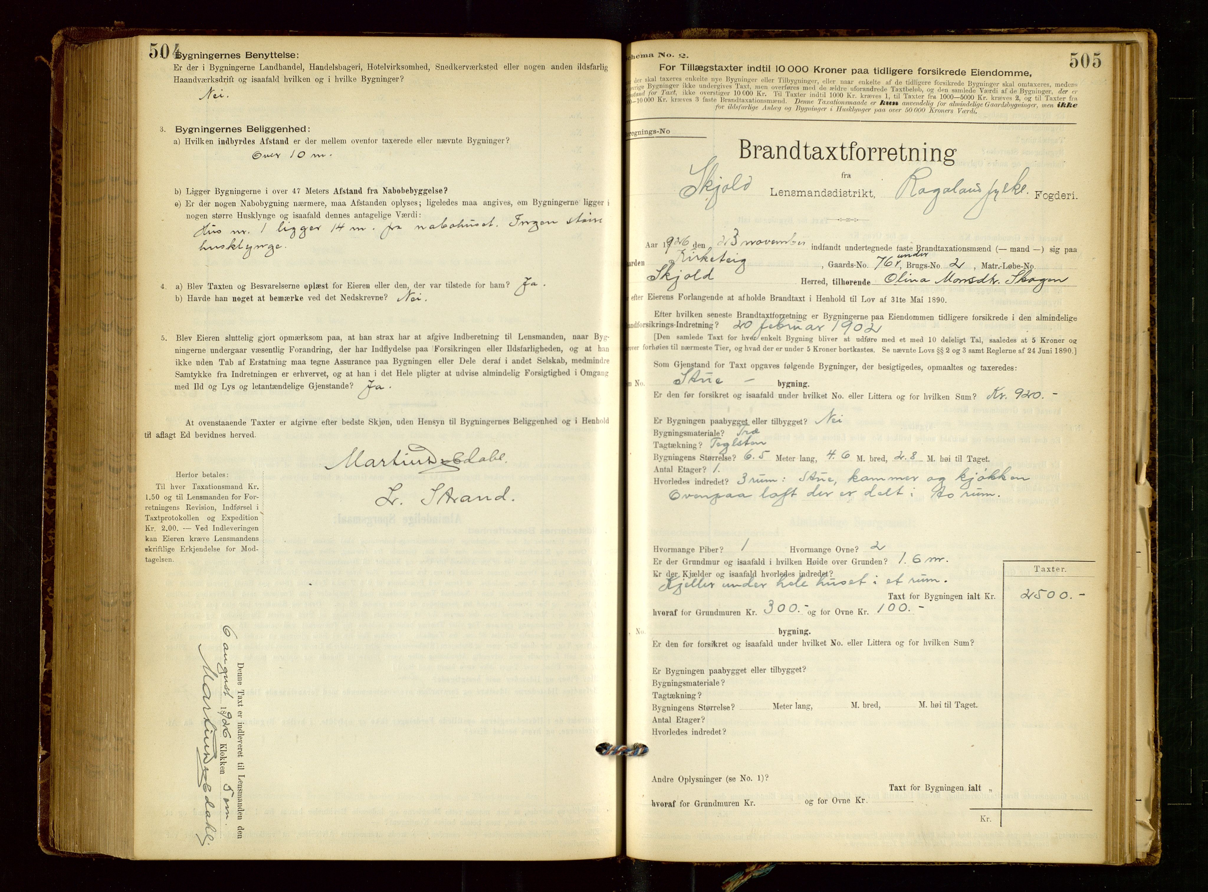 Skjold lensmannskontor, AV/SAST-A-100182/Gob/L0001: "Brandtaxationsprotokol for Skjold Lensmandsdistrikt Ryfylke Fogderi", 1894-1939, p. 504-505