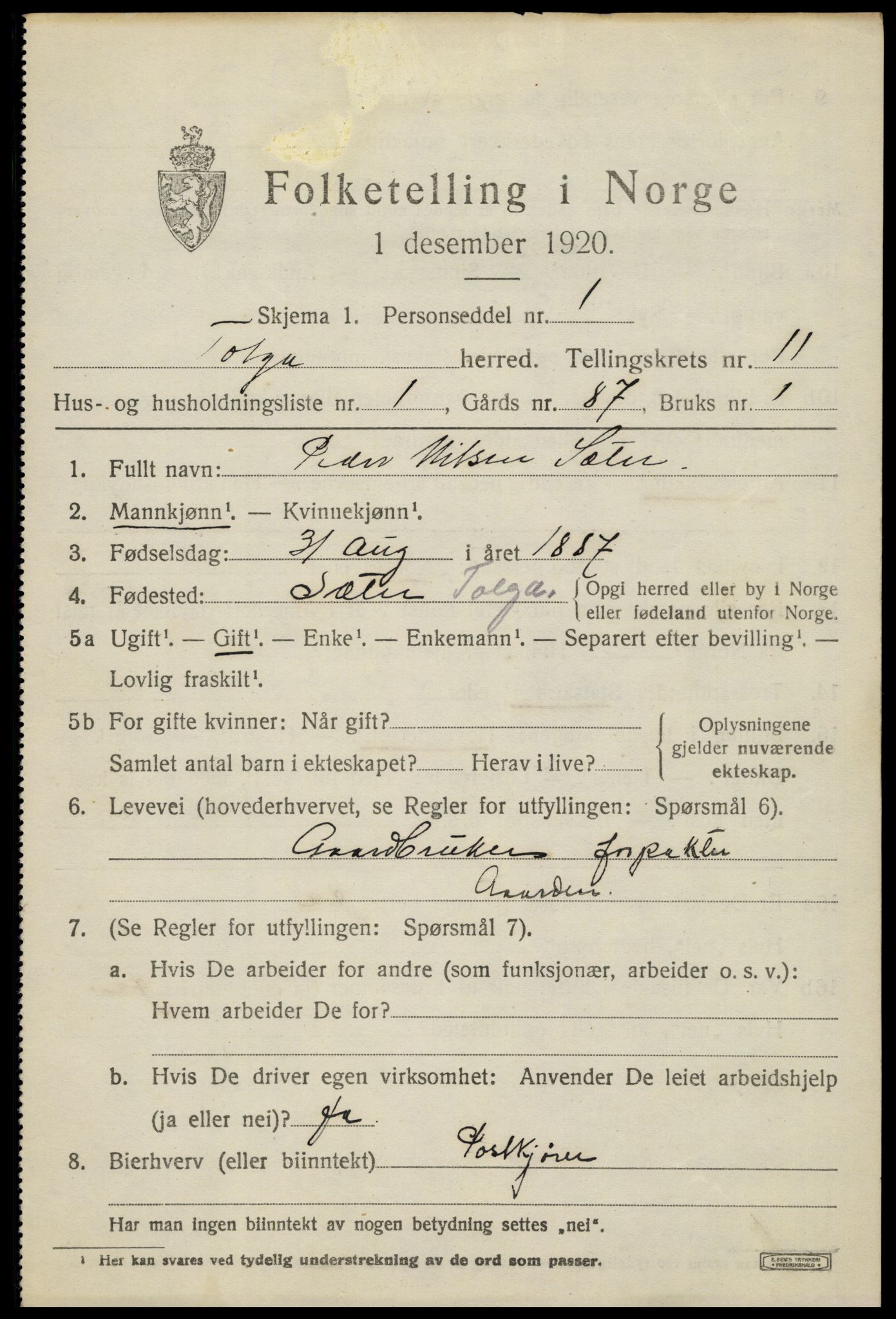 SAH, 1920 census for Tolga, 1920, p. 5187