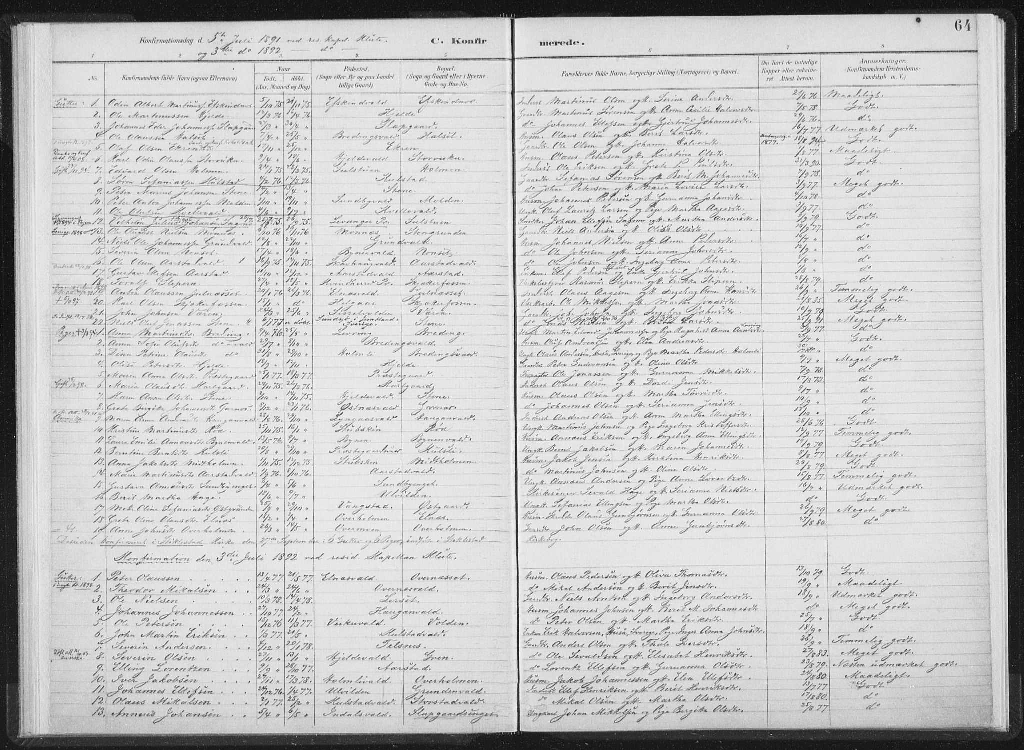 Ministerialprotokoller, klokkerbøker og fødselsregistre - Nord-Trøndelag, AV/SAT-A-1458/724/L0263: Parish register (official) no. 724A01, 1891-1907, p. 64