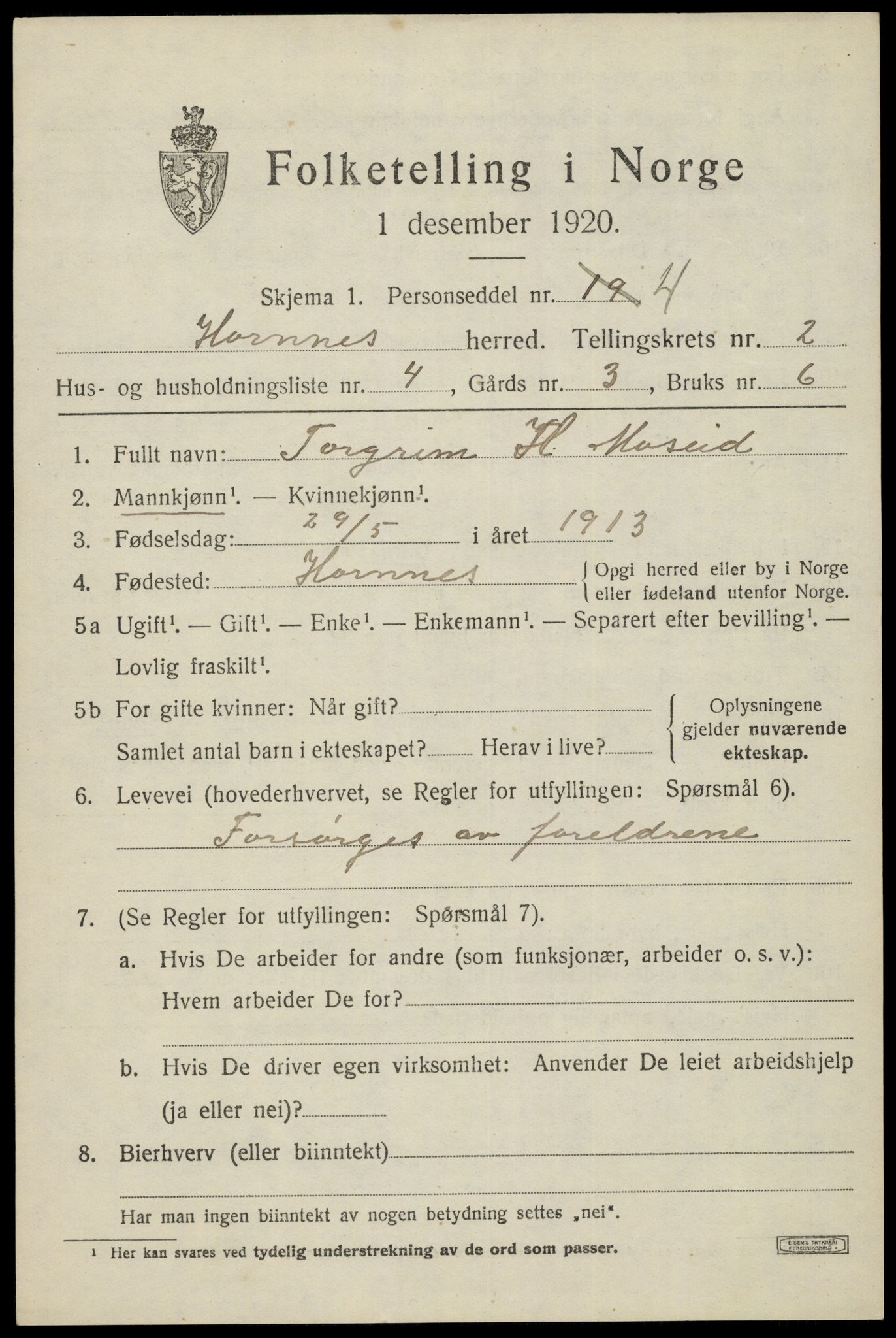 SAK, 1920 census for Hornnes, 1920, p. 735
