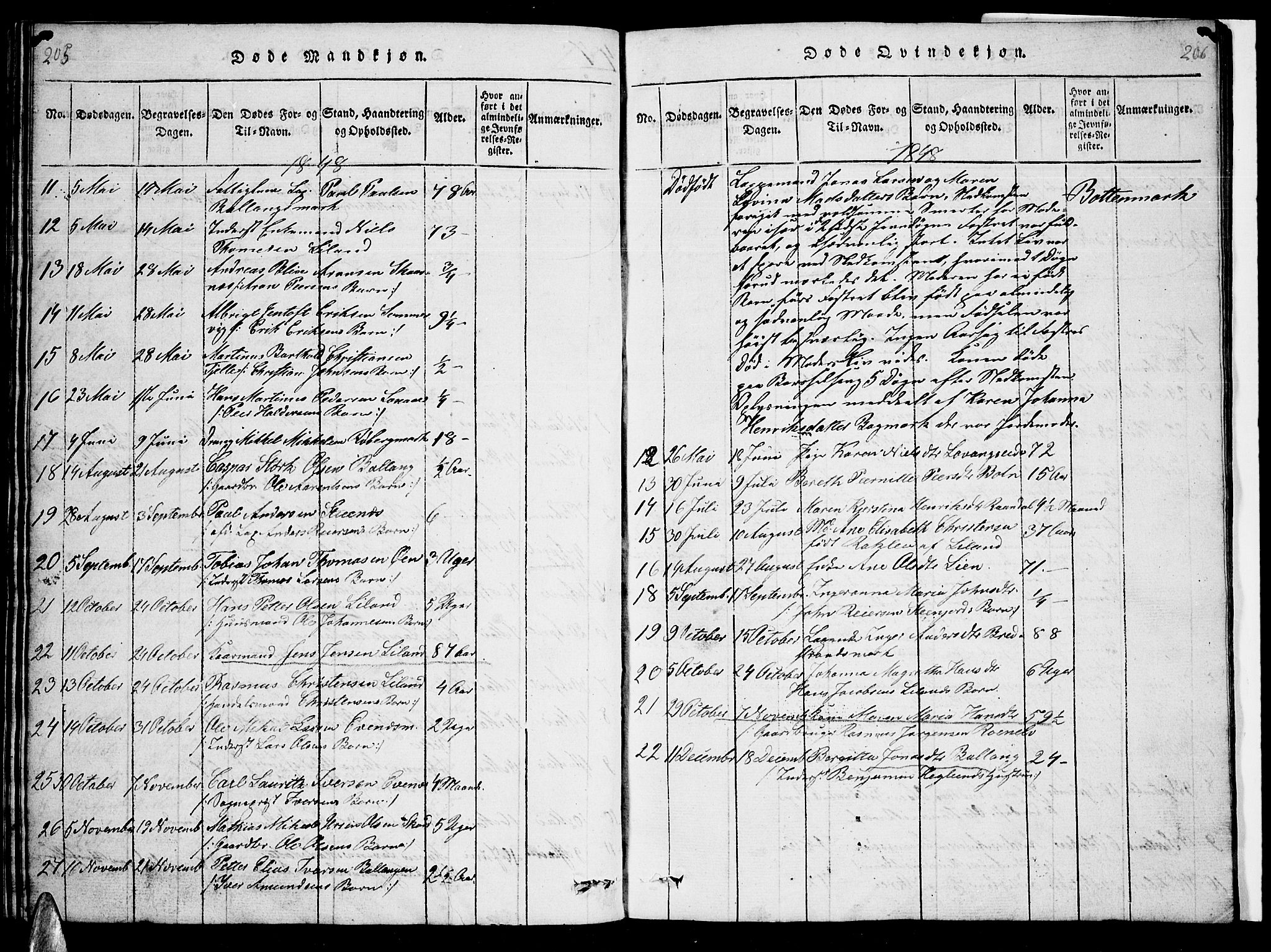 Ministerialprotokoller, klokkerbøker og fødselsregistre - Nordland, AV/SAT-A-1459/863/L0911: Parish register (copy) no. 863C01, 1821-1858, p. 205-206