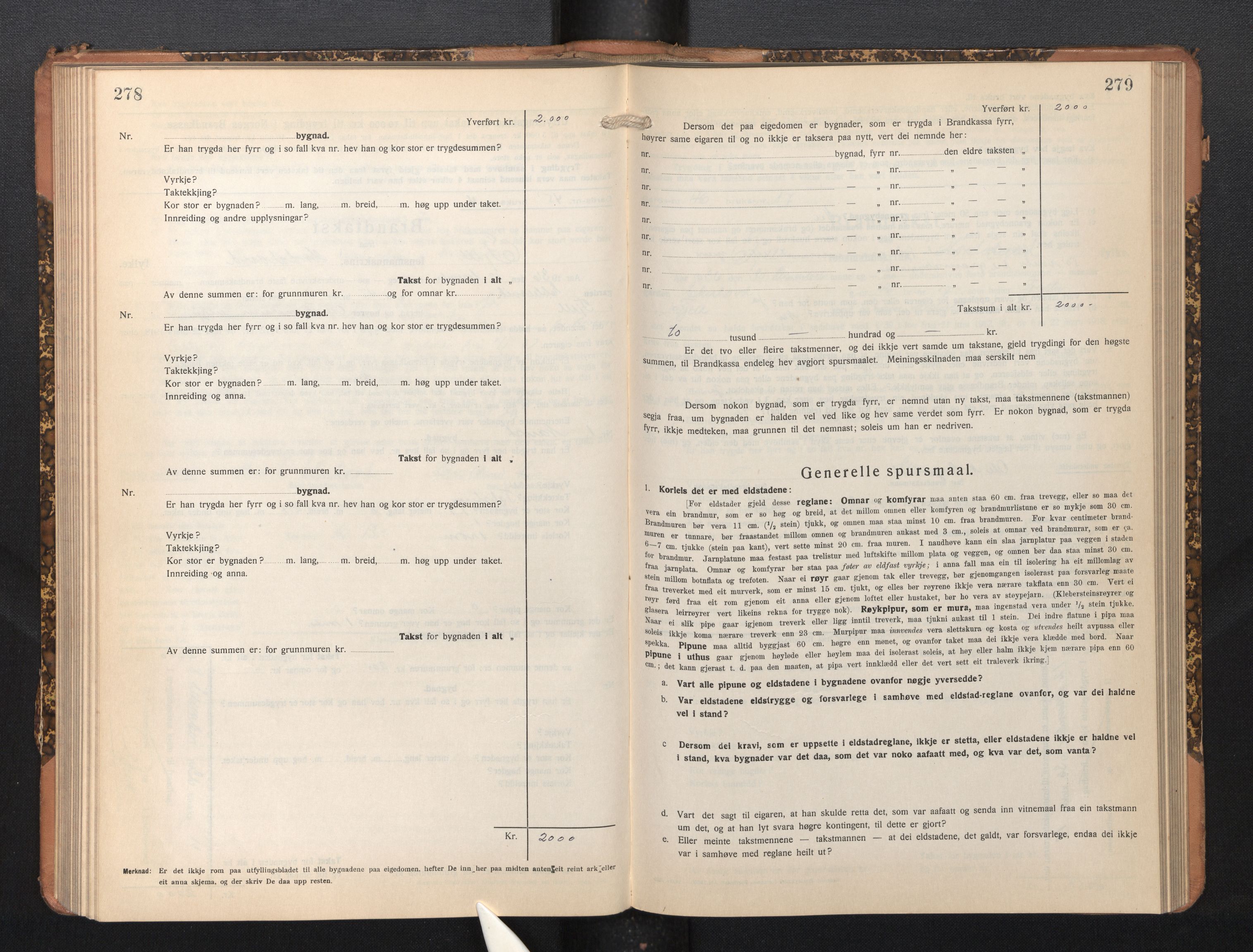 Lensmannen i Fjell, SAB/A-32301/0012/L0006: Branntakstprotokoll, skjematakst, 1931-1945, p. 278-279
