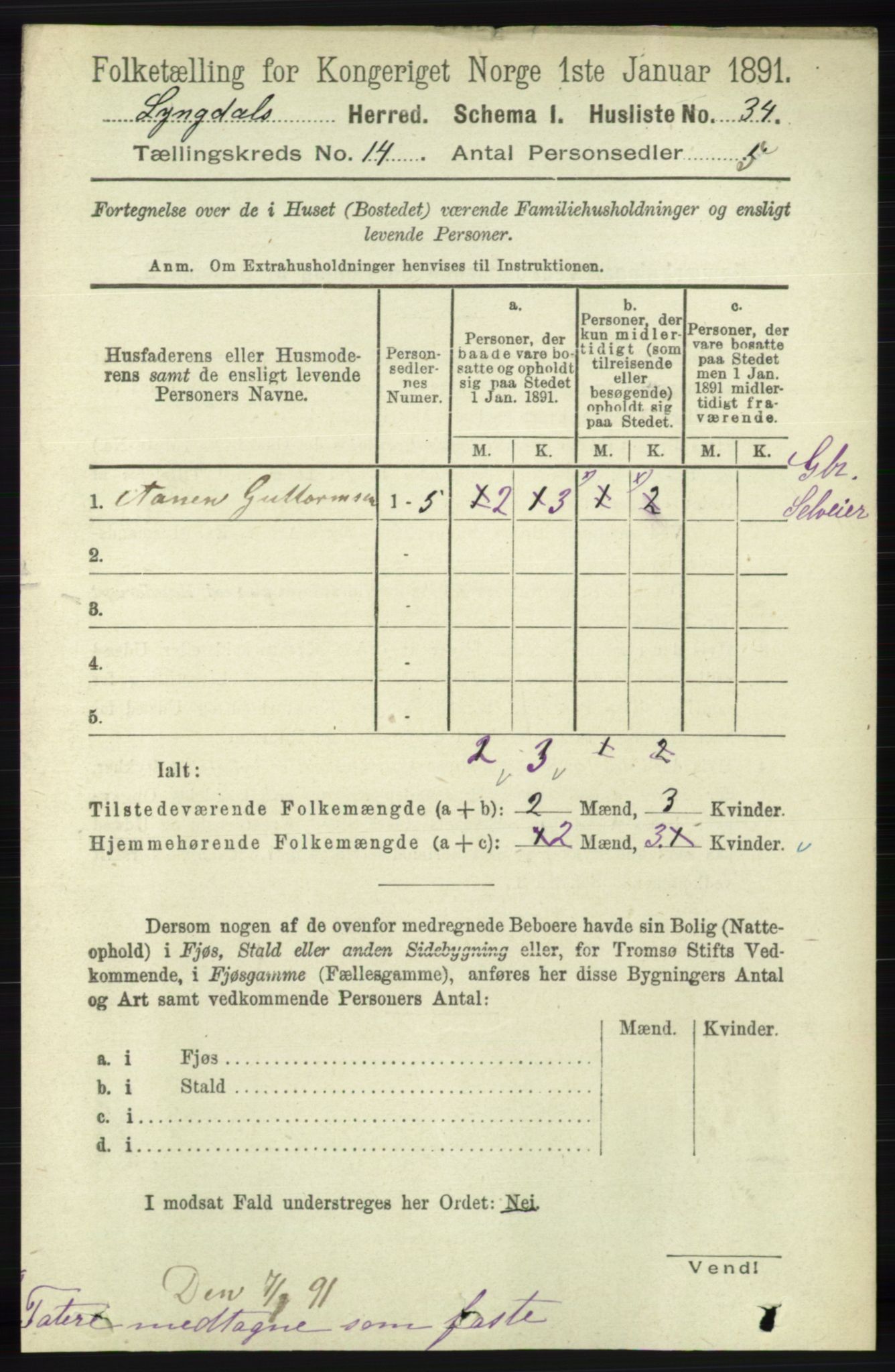 RA, 1891 census for 1032 Lyngdal, 1891, p. 5840