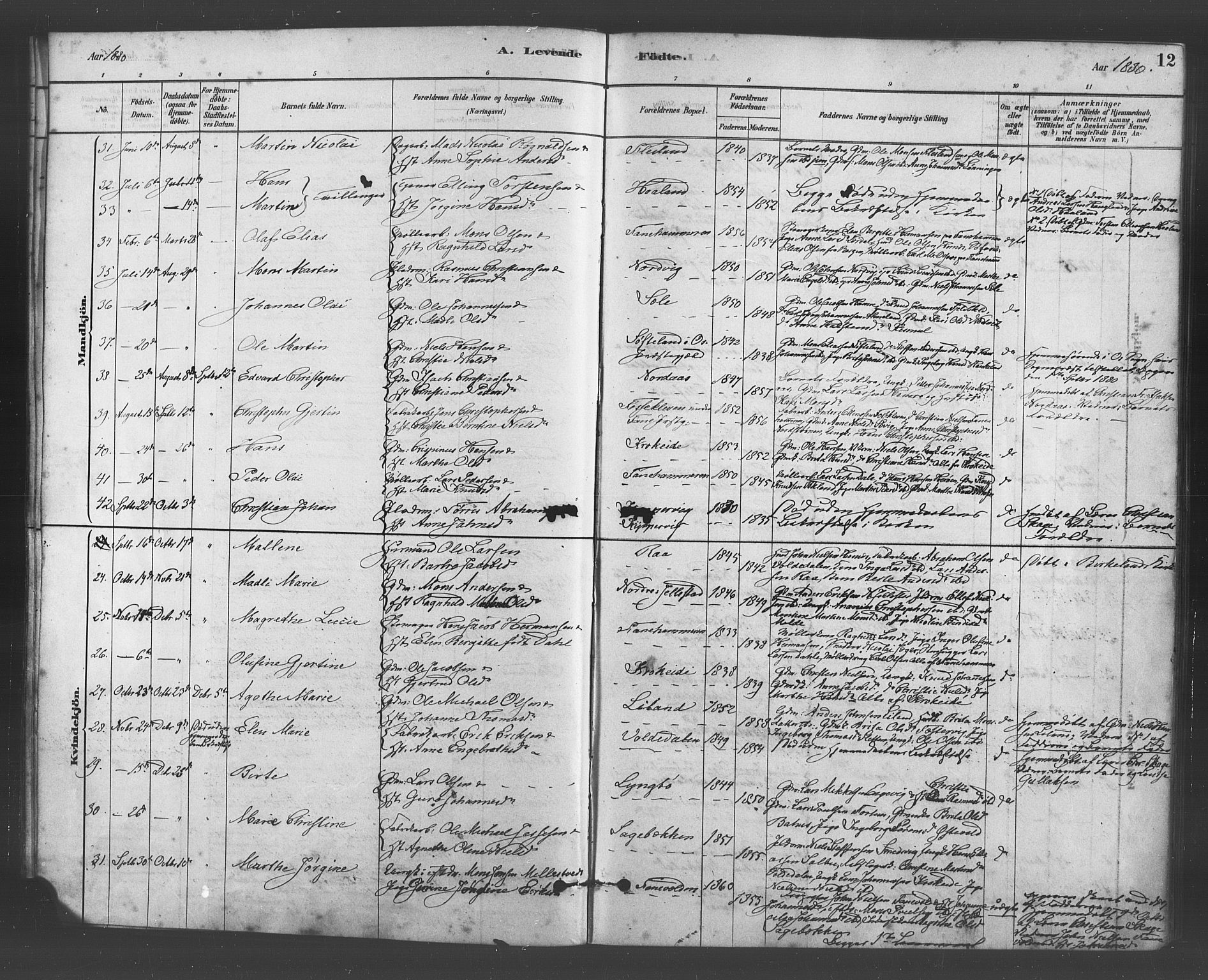 Fana Sokneprestembete, AV/SAB-A-75101/H/Haa/Haab/L0001: Parish register (official) no. B 1, 1878-1889, p. 12