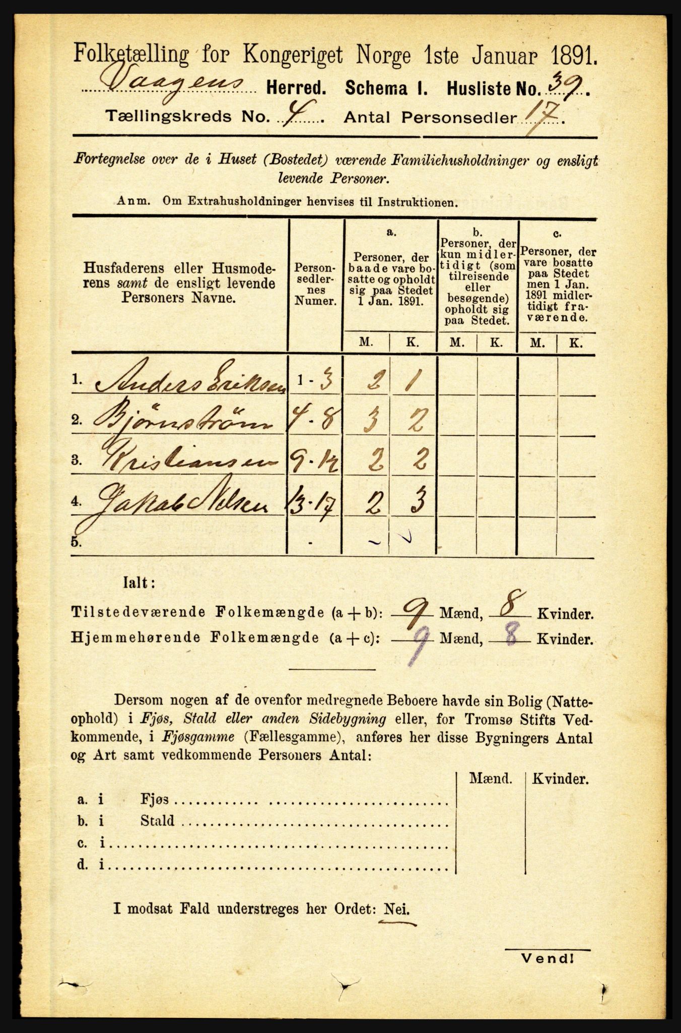 RA, 1891 census for 1865 Vågan, 1891, p. 916