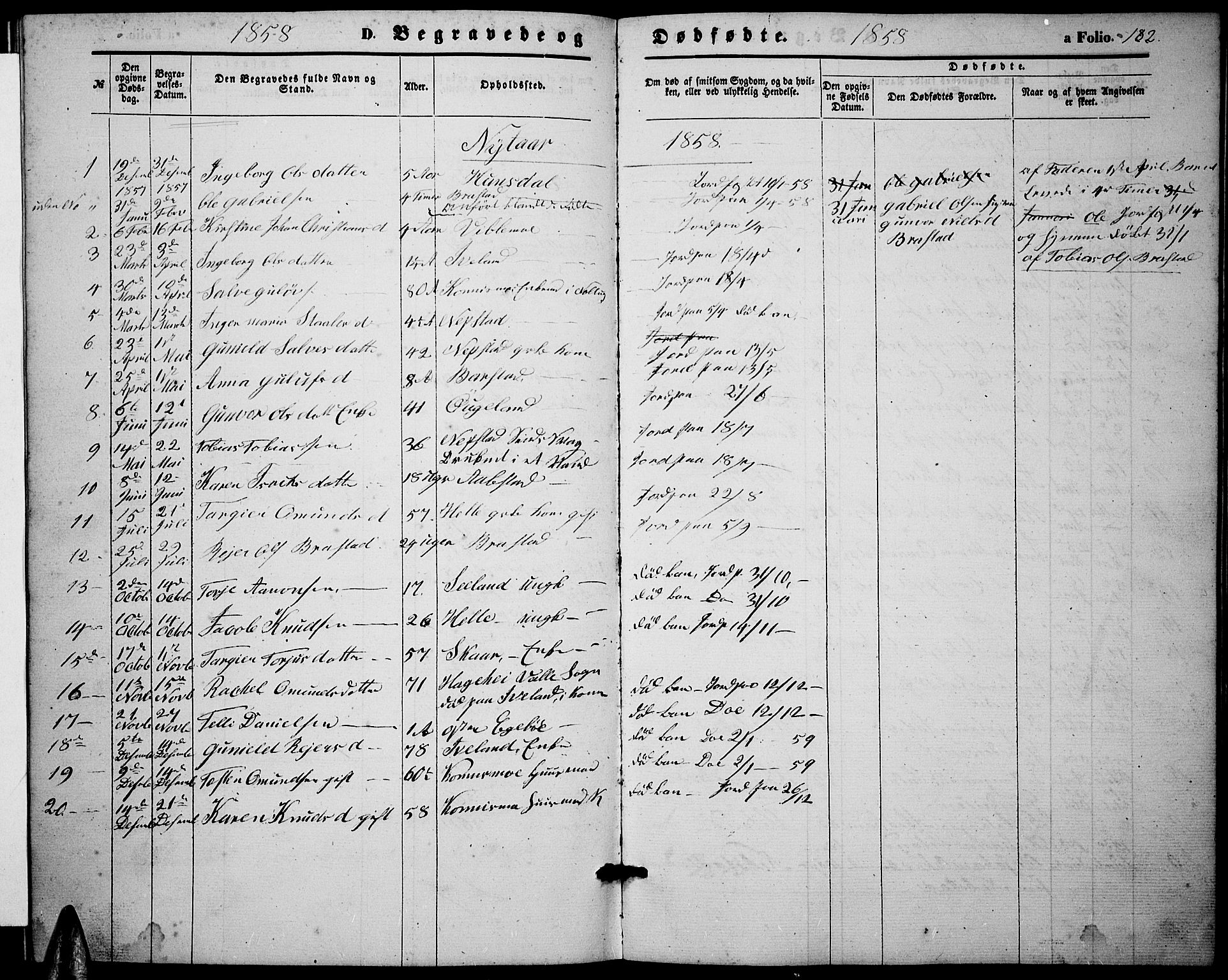 Nord-Audnedal sokneprestkontor, AV/SAK-1111-0032/F/Fb/Fba/L0002: Parish register (copy) no. B 2, 1856-1882, p. 182