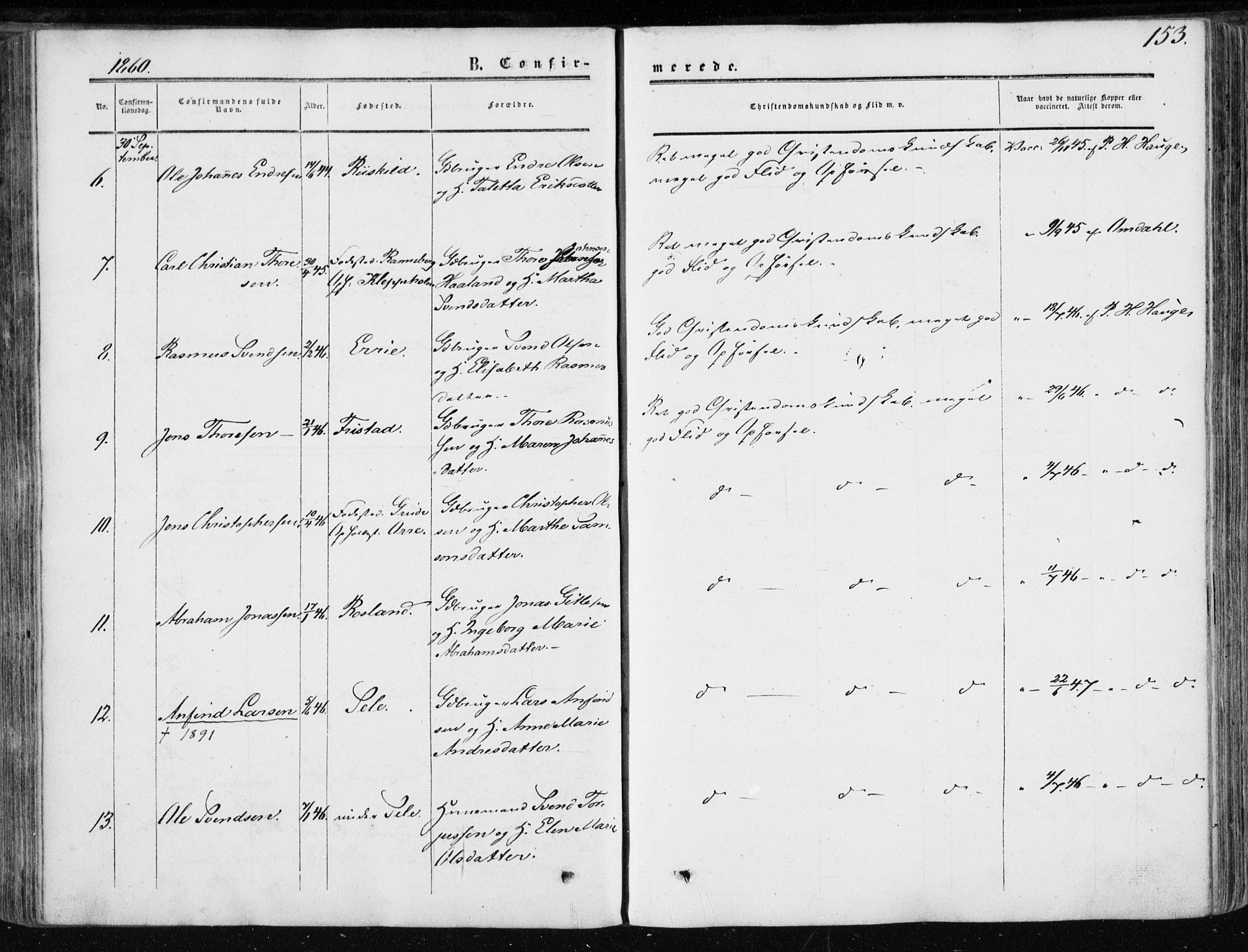 Klepp sokneprestkontor, AV/SAST-A-101803/001/3/30BA/L0005: Parish register (official) no. A 5, 1853-1870, p. 153