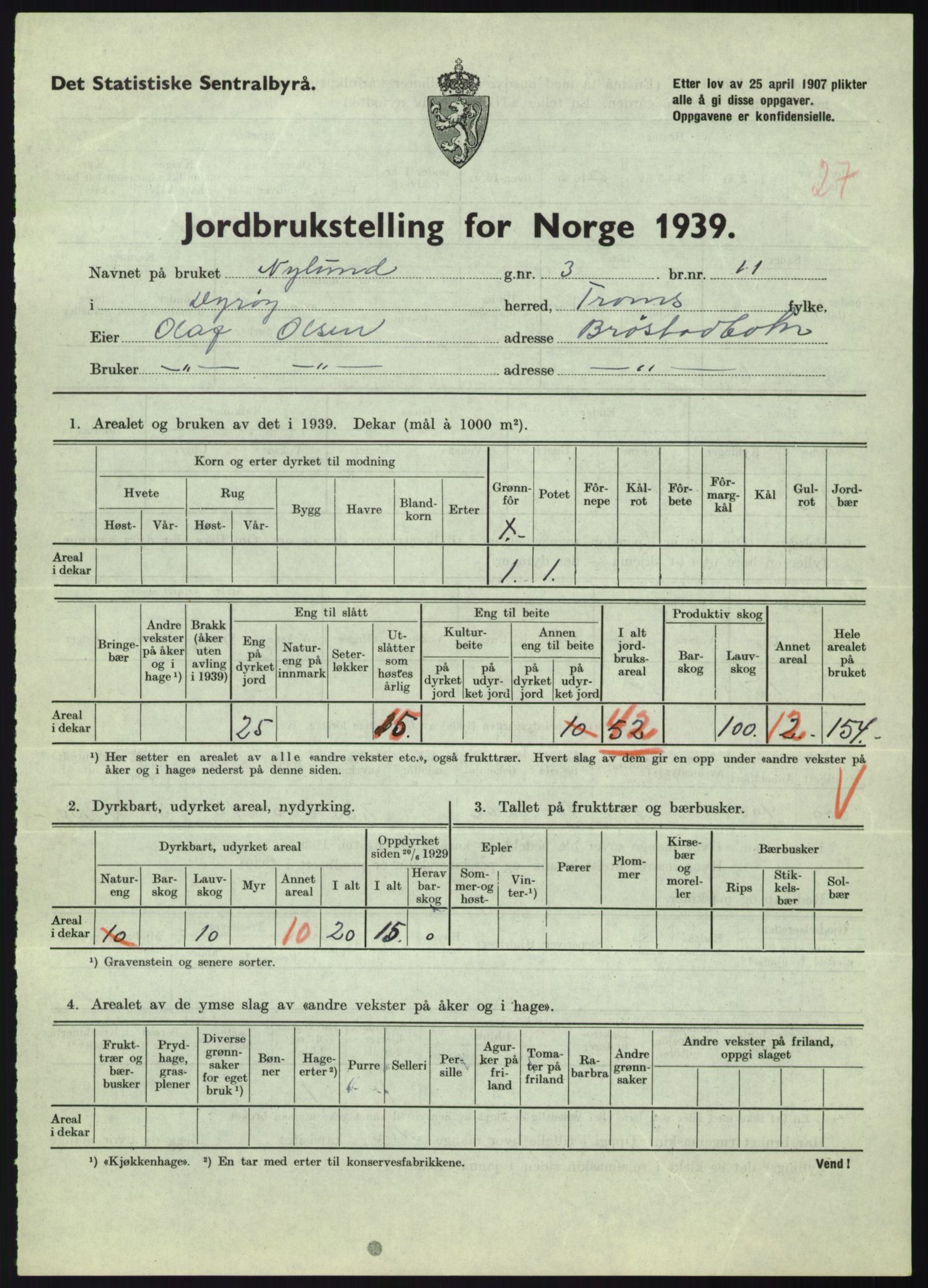 Statistisk sentralbyrå, Næringsøkonomiske emner, Jordbruk, skogbruk, jakt, fiske og fangst, AV/RA-S-2234/G/Gb/L0340: Troms: Salangen og Dyrøy, 1939, p. 1449