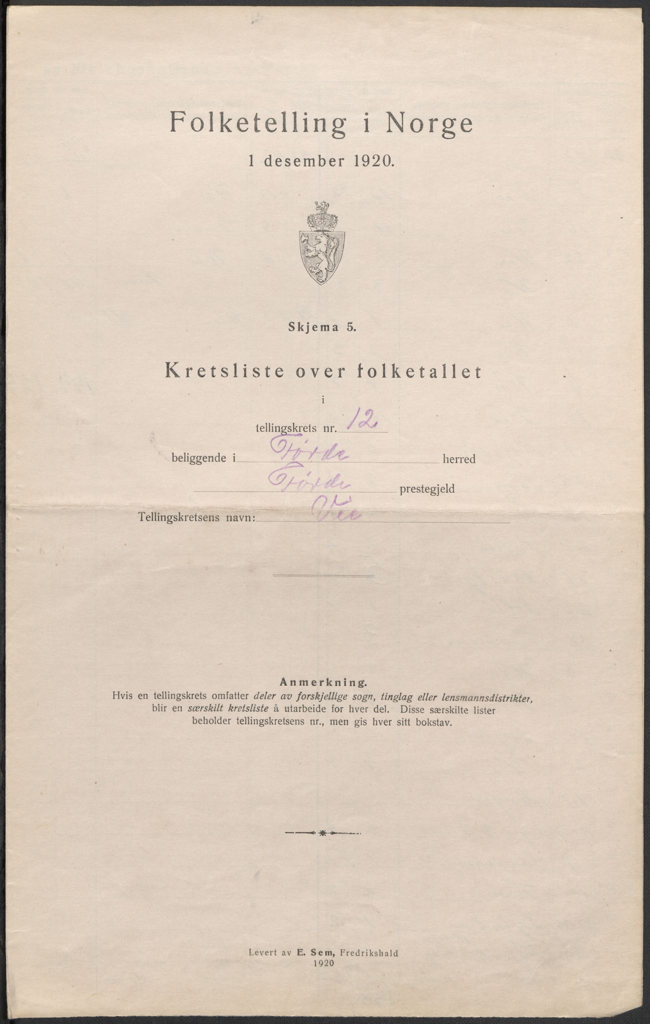 SAB, 1920 census for Førde, 1920, p. 38