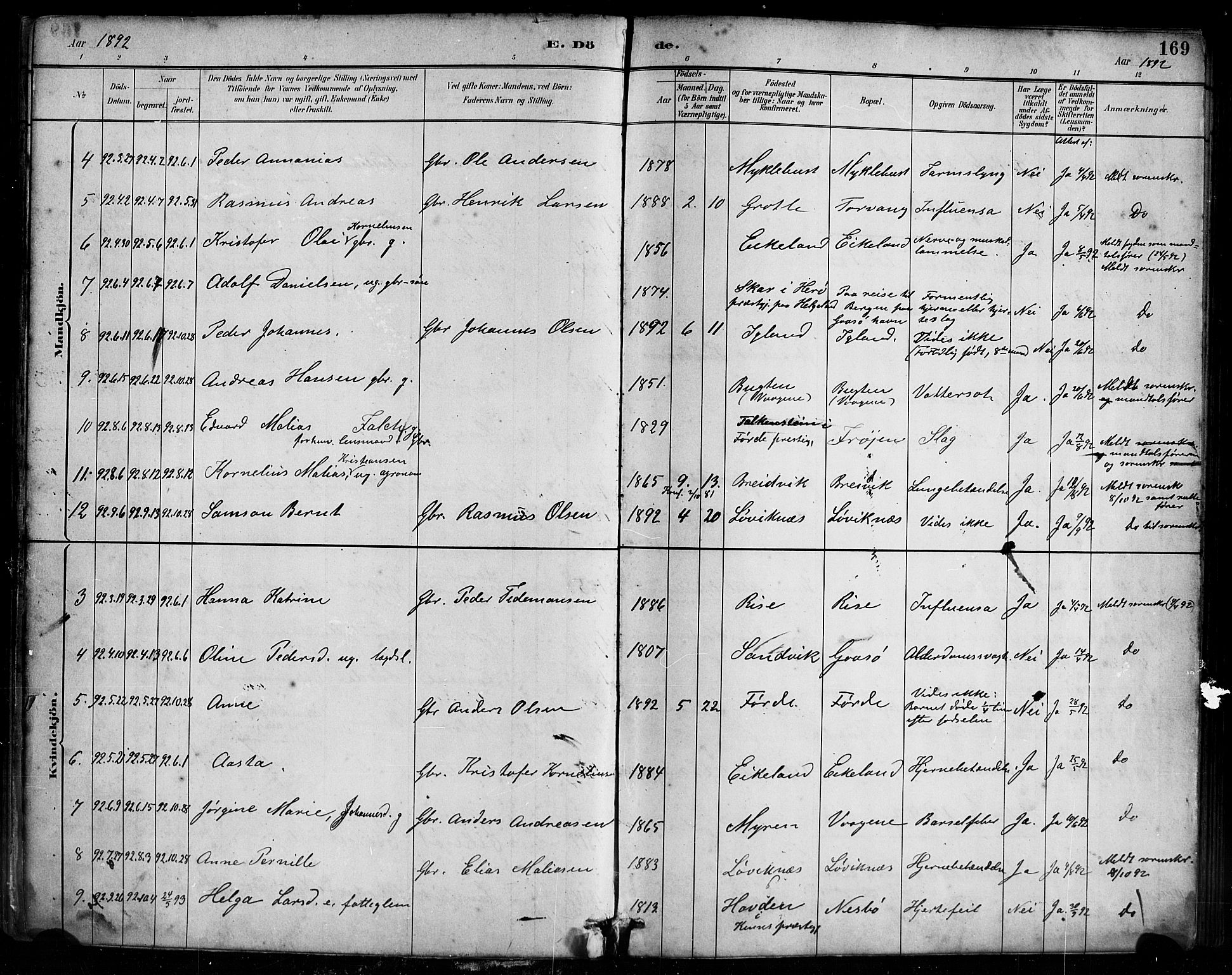 Bremanger sokneprestembete, AV/SAB-A-82201/H/Haa/Haab/L0001: Parish register (official) no. B 1, 1884-1895, p. 169