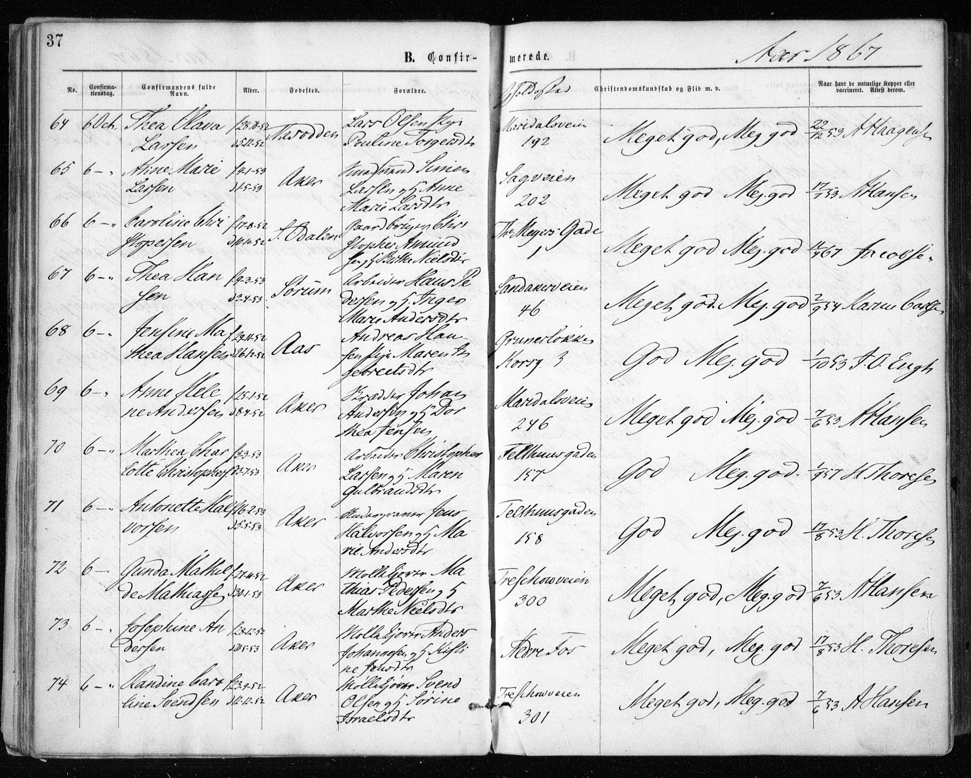 Gamle Aker prestekontor Kirkebøker, AV/SAO-A-10617a/F/L0003: Parish register (official) no. 3, 1865-1873, p. 37