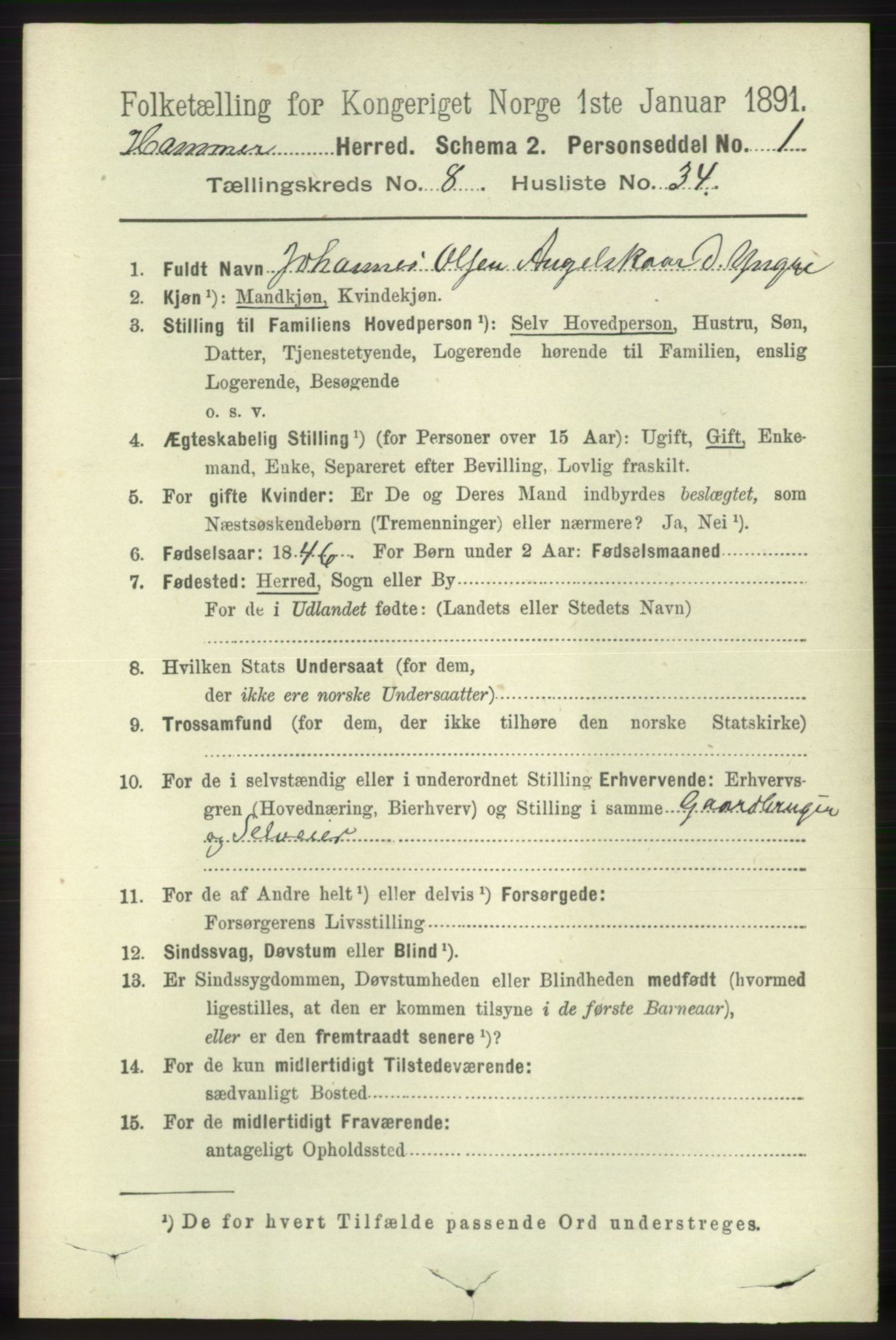 RA, 1891 census for 1254 Hamre, 1891, p. 2210