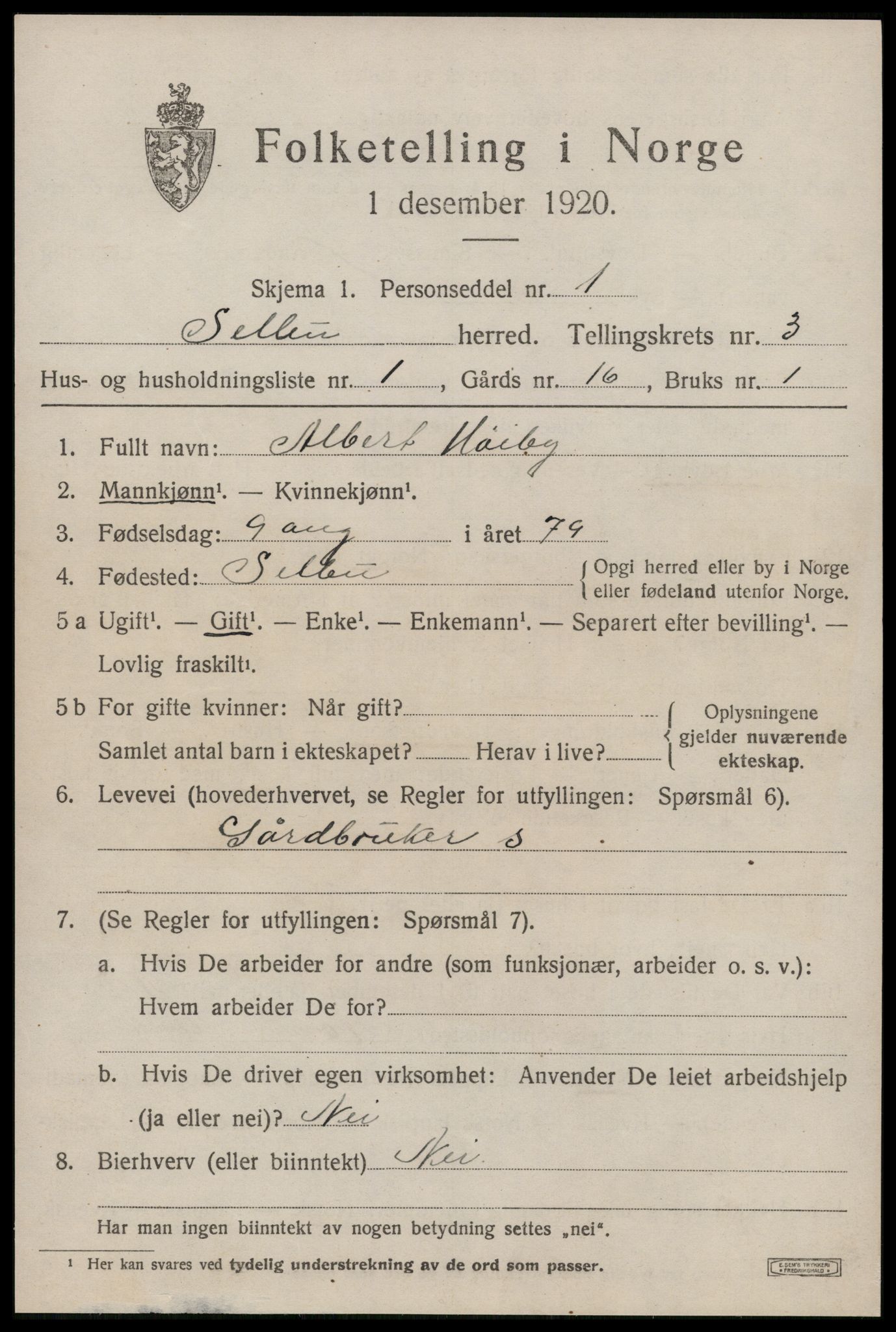 SAT, 1920 census for Selbu, 1920, p. 2450