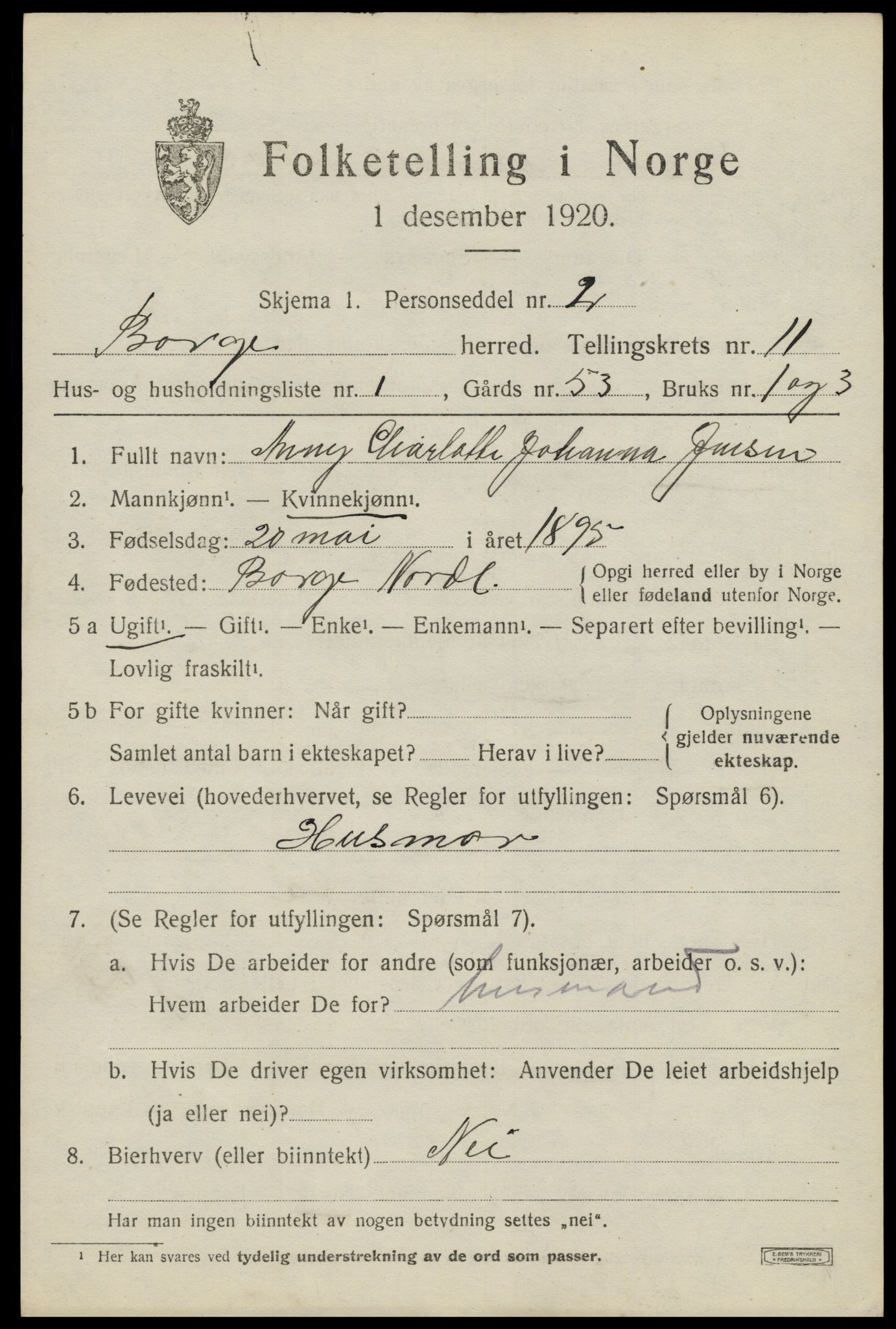 SAT, 1920 census for Borge, 1920, p. 9421