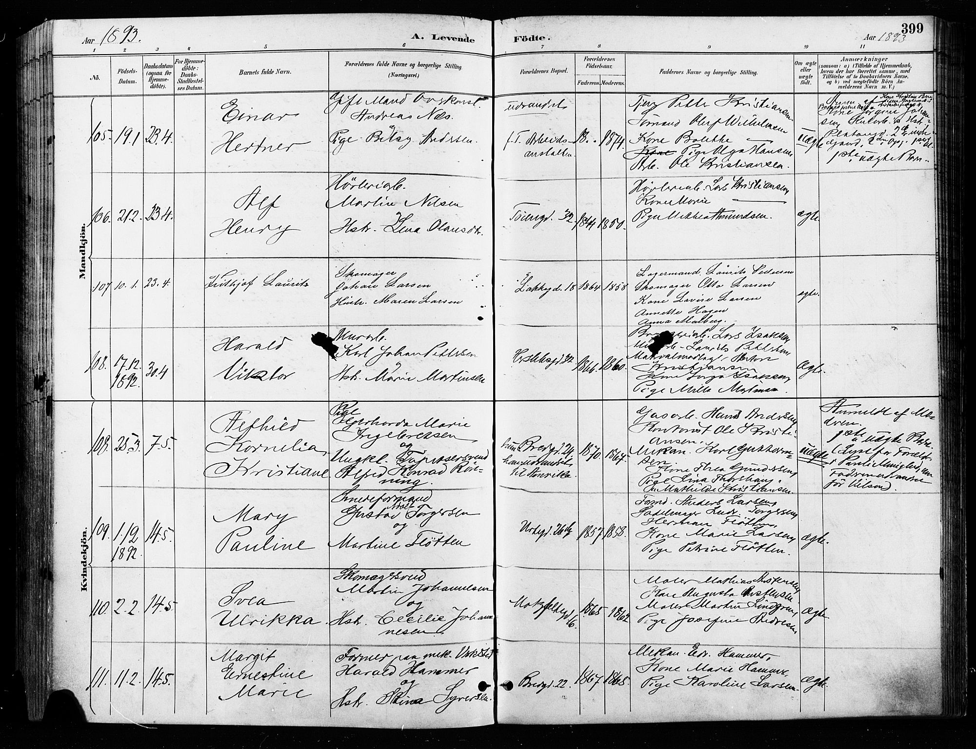 Grønland prestekontor Kirkebøker, SAO/A-10848/F/Fa/L0009: Parish register (official) no. 9, 1888-1893, p. 399