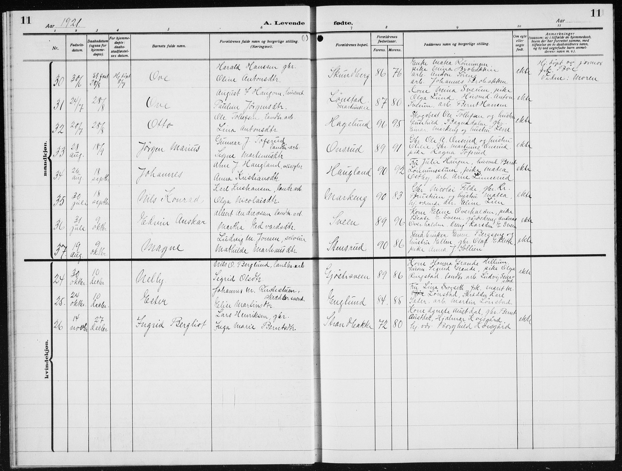 Biri prestekontor, SAH/PREST-096/H/Ha/Hab/L0007: Parish register (copy) no. 7, 1919-1941, p. 11