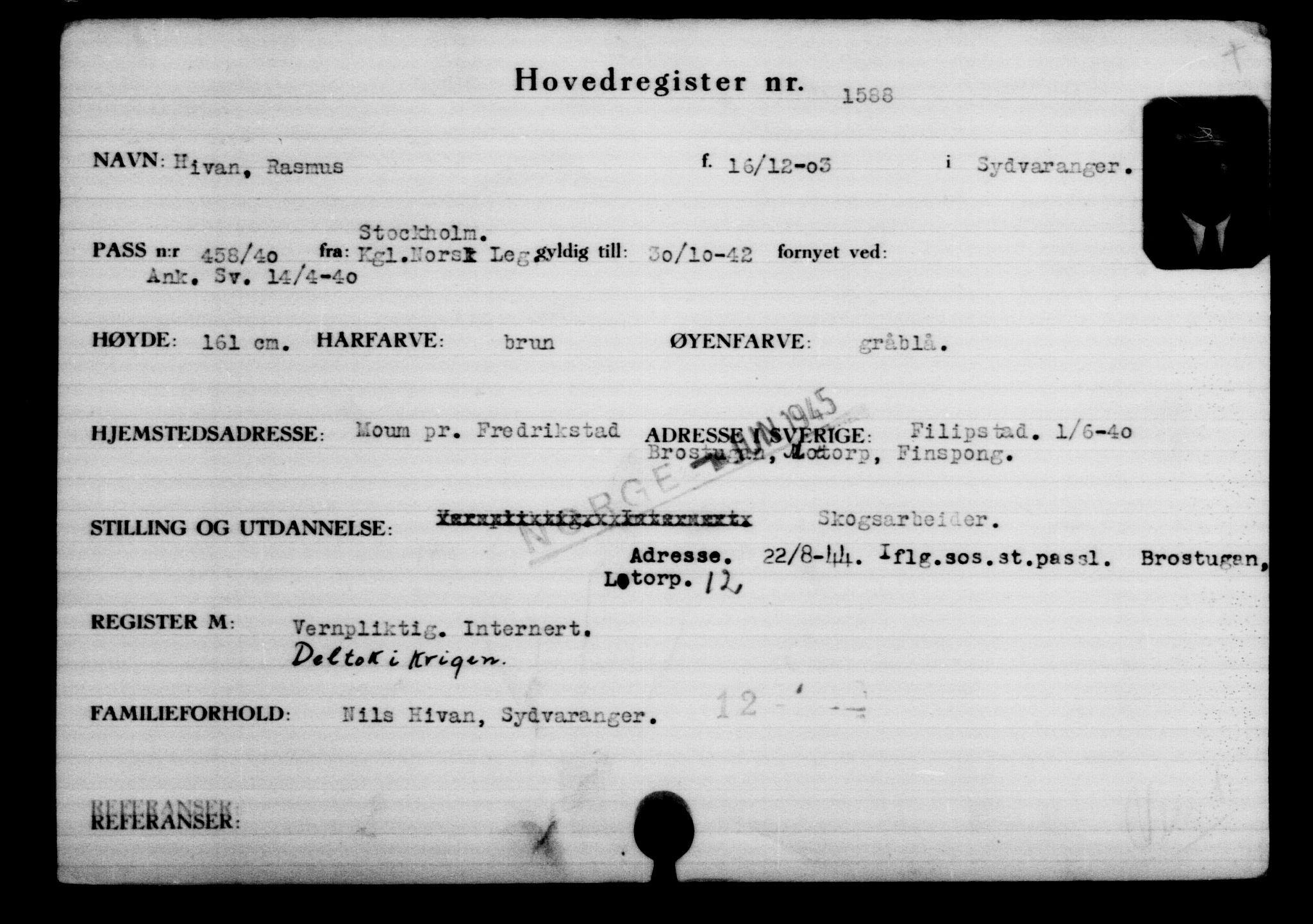 Den Kgl. Norske Legasjons Flyktningskontor, RA/S-6753/V/Va/L0002: Kjesäterkartoteket.  Flyktningenr. 1001-2000, 1940-1945, p. 841