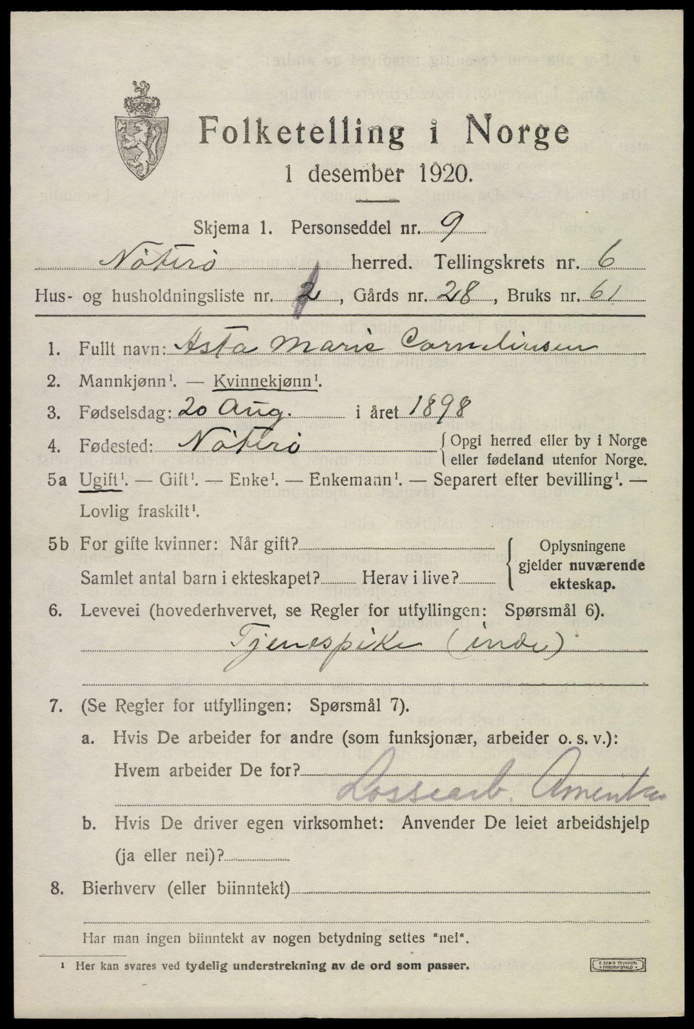 SAKO, 1920 census for Nøtterøy, 1920, p. 8449