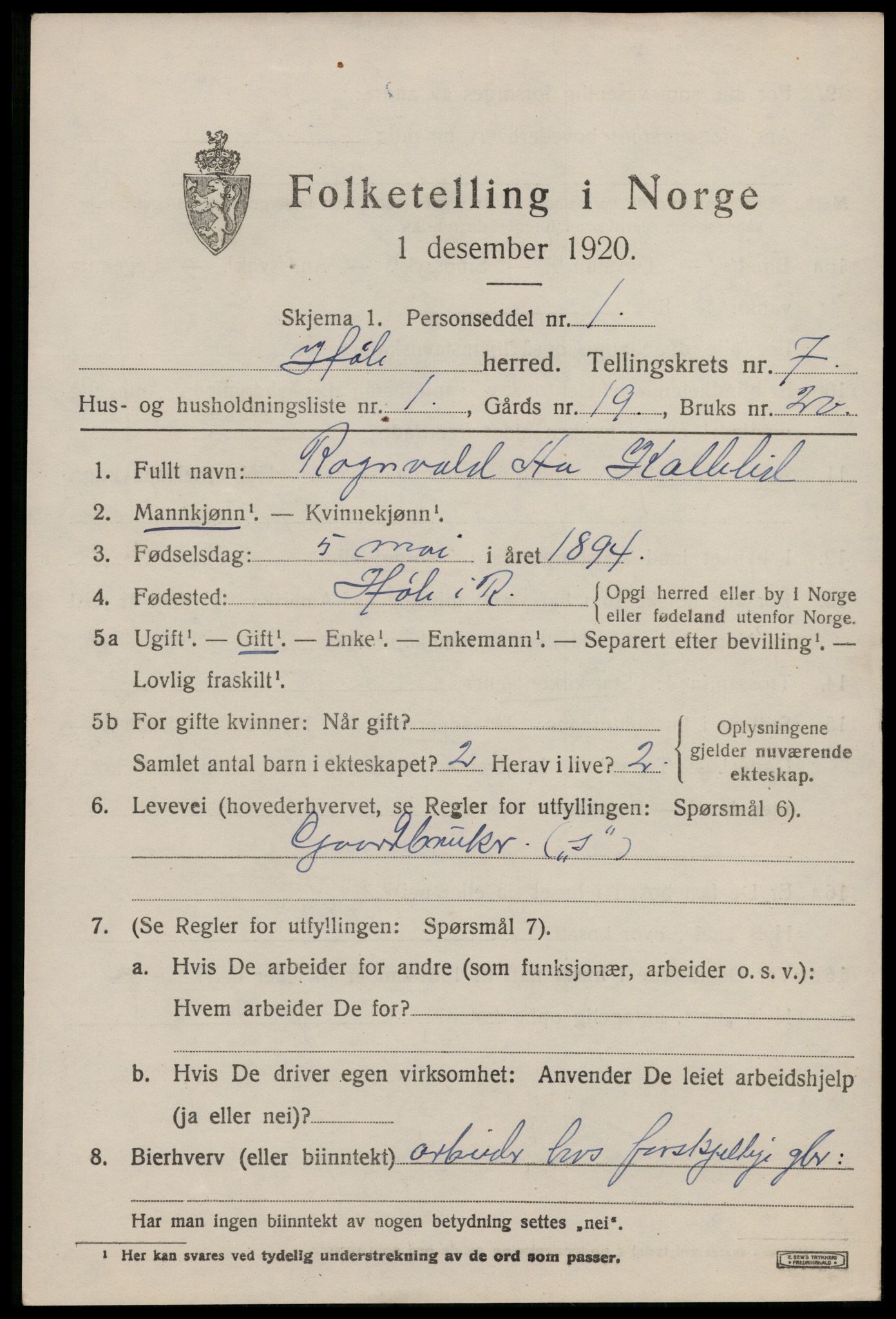 SAST, 1920 census for Høle, 1920, p. 2015