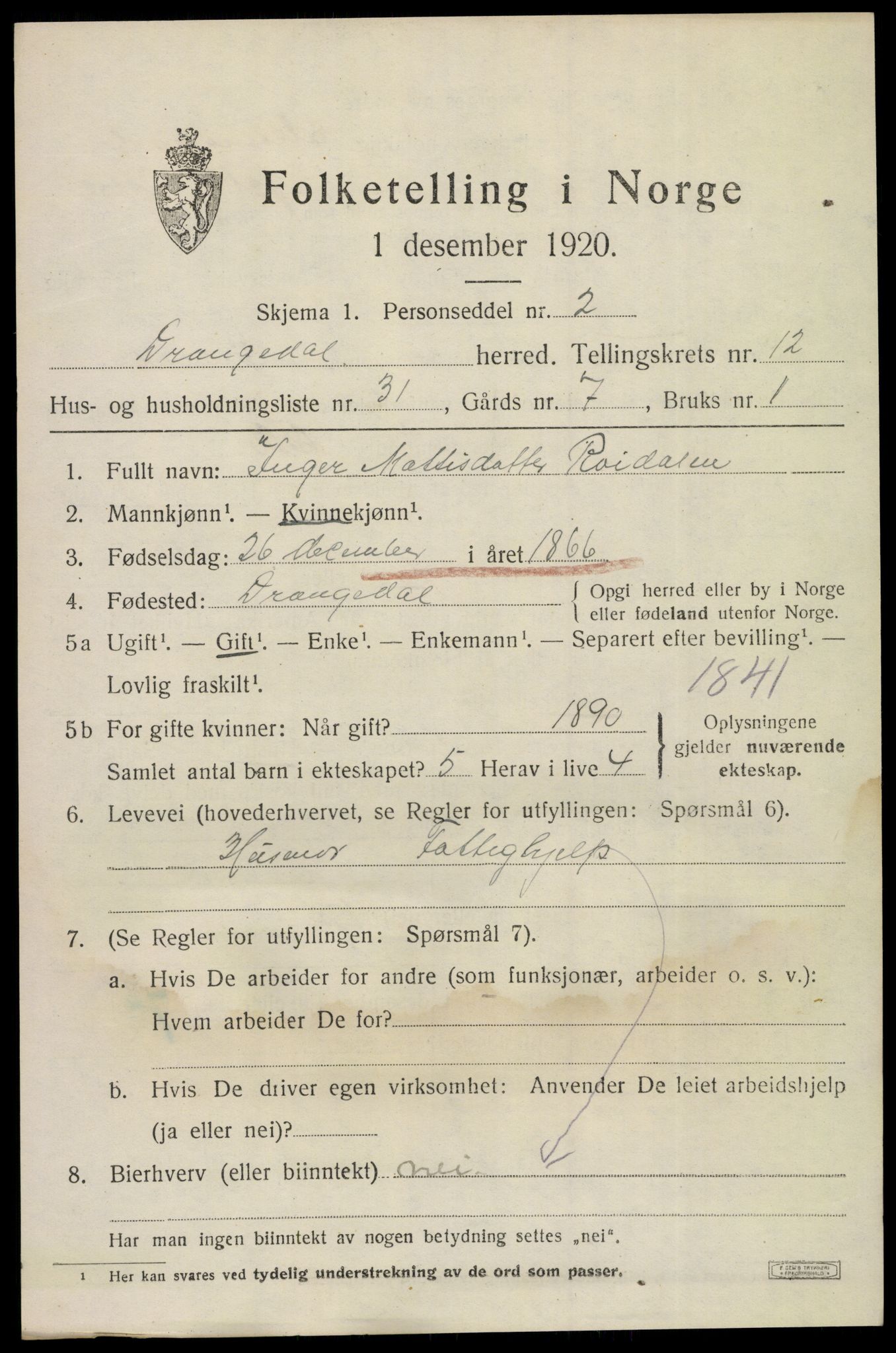 SAKO, 1920 census for Drangedal, 1920, p. 7091