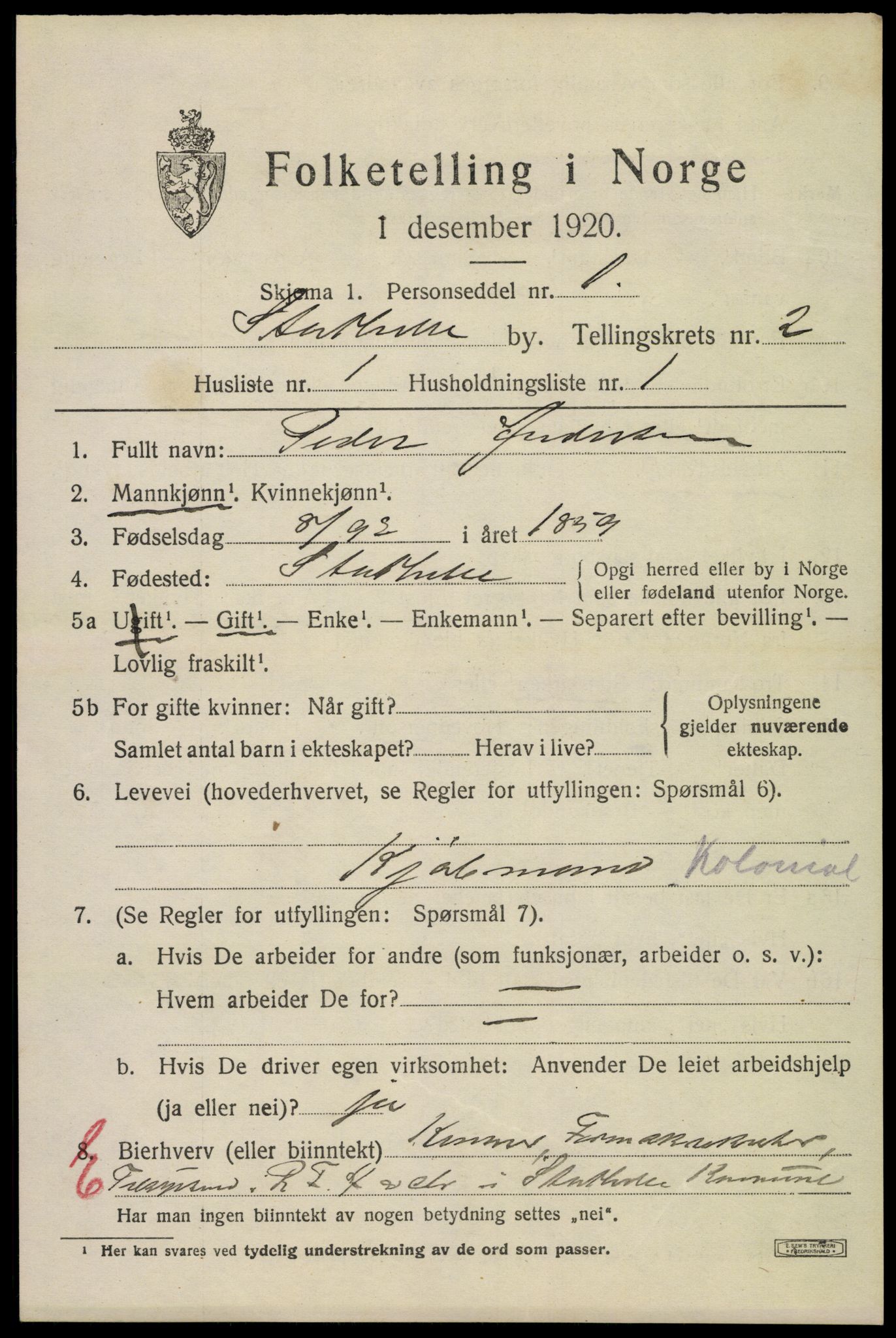 SAKO, 1920 census for Stathelle, 1920, p. 1063