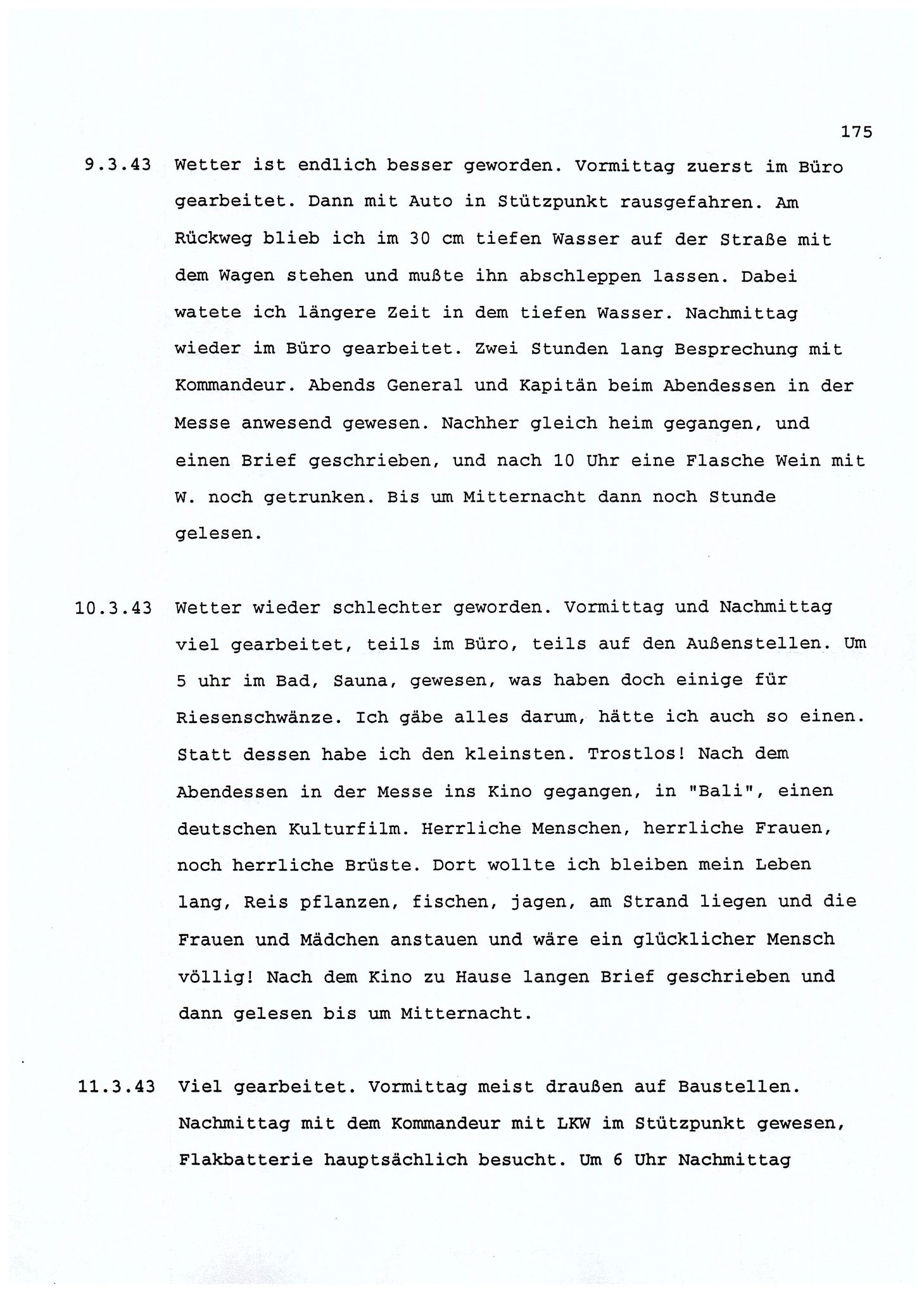 Dagbokopptegnelser av en tysk marineoffiser stasjonert i Norge , FMFB/A-1160/F/L0001: Dagbokopptegnelser av en tysk marineoffiser stasjonert i Norge, 1941-1944, p. 175
