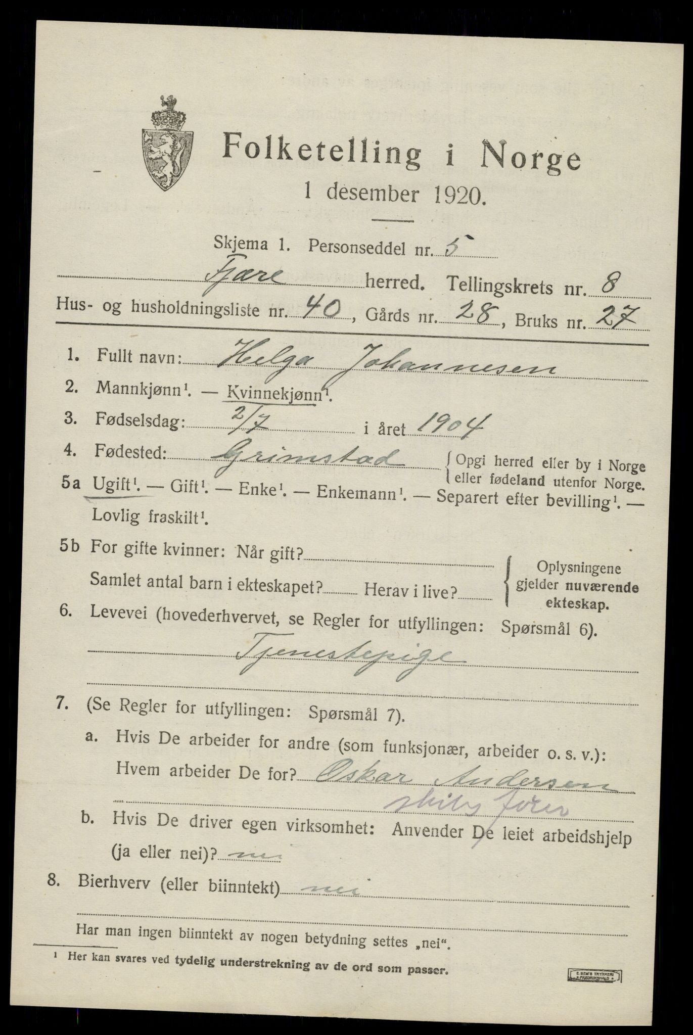 SAK, 1920 census for Fjære, 1920, p. 10785