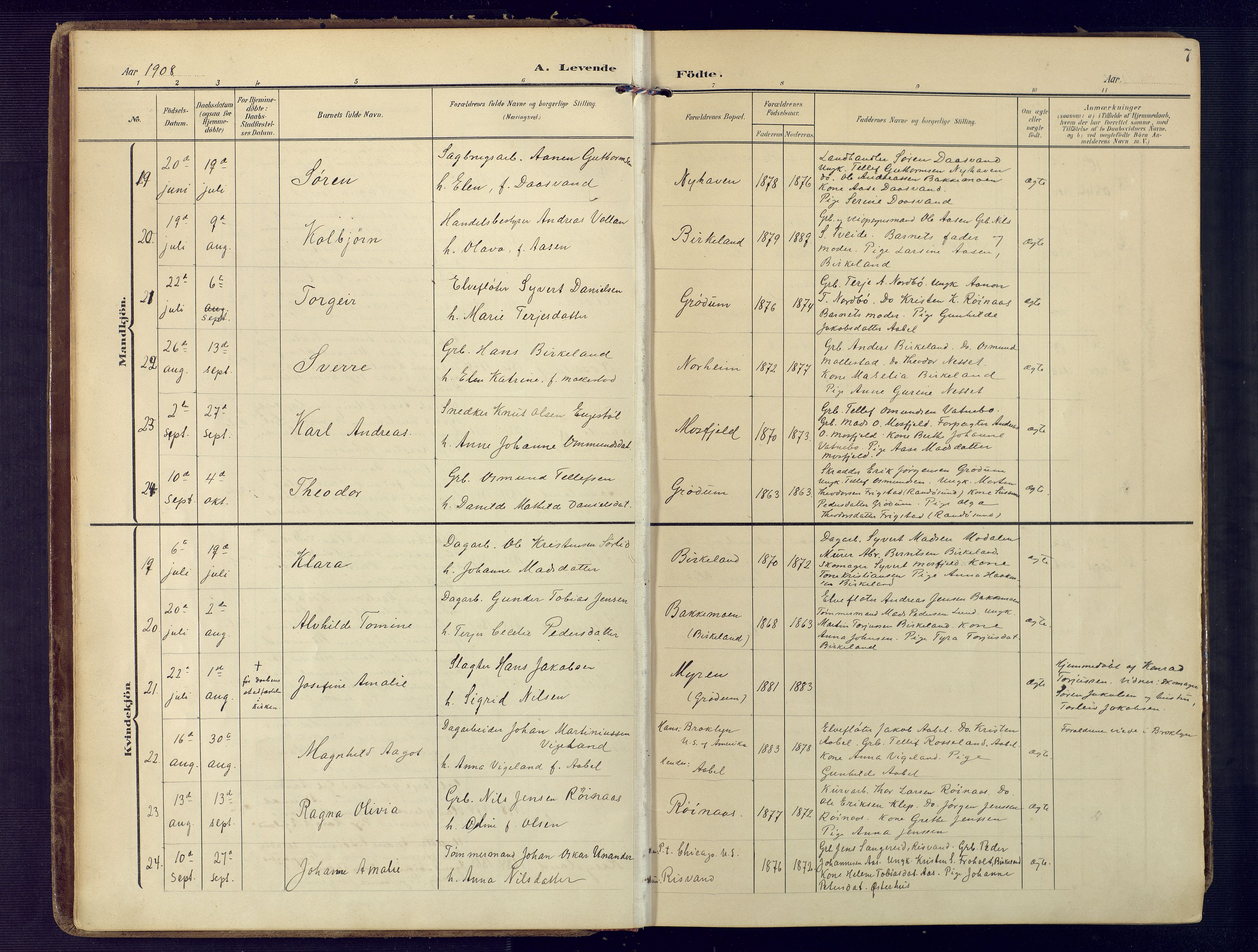 Birkenes sokneprestkontor, AV/SAK-1111-0004/F/Fa/L0006: Parish register (official) no. A 6, 1908-1932, p. 7