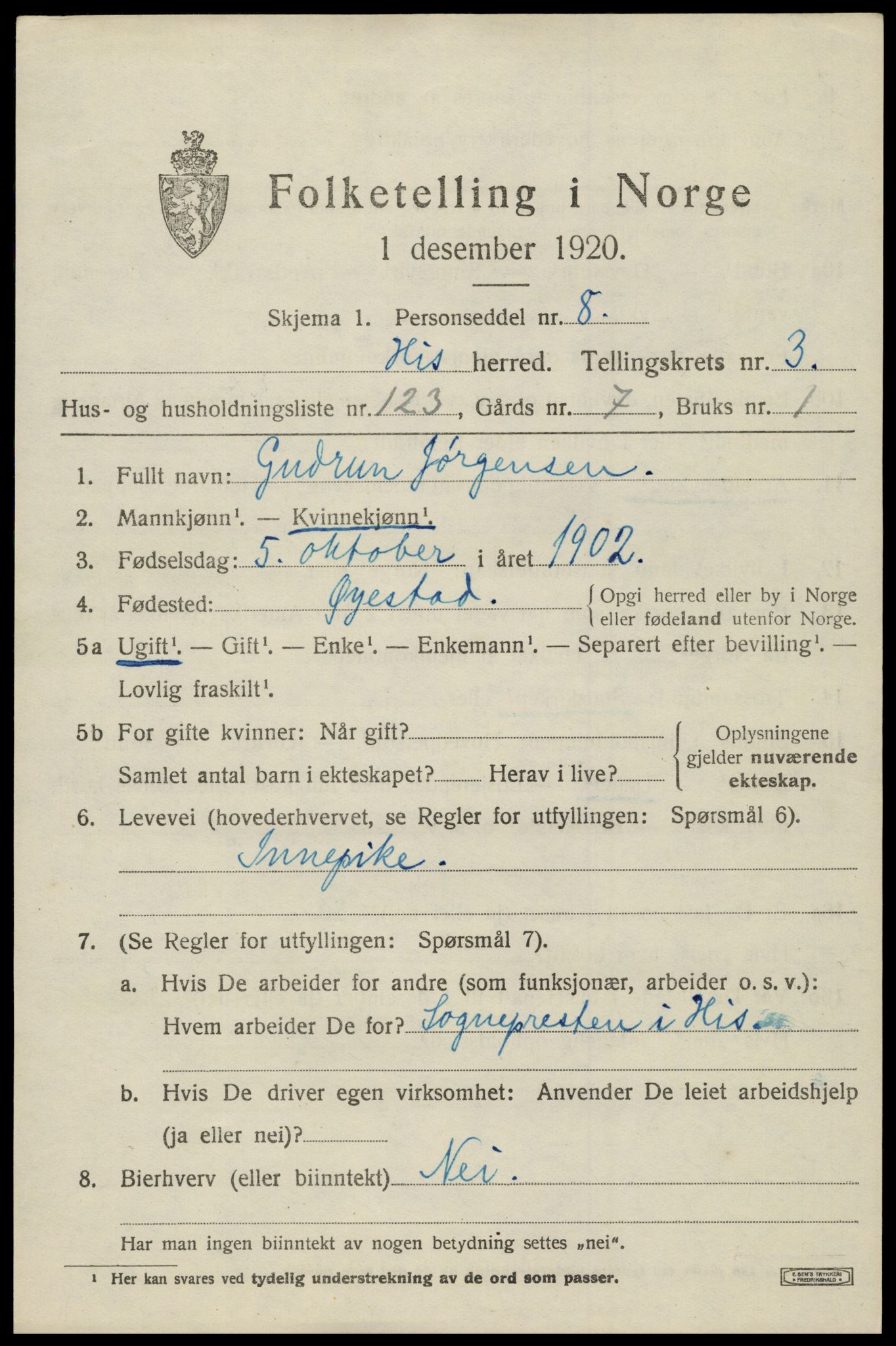 SAK, 1920 census for Hisøy, 1920, p. 5318