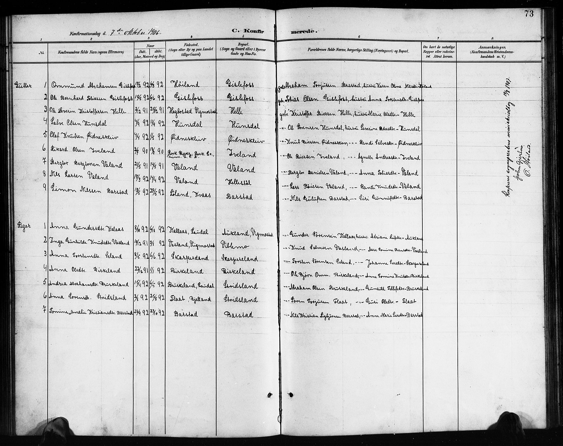 Nord-Audnedal sokneprestkontor, AV/SAK-1111-0032/F/Fb/Fba/L0004: Parish register (copy) no. B 4, 1901-1917, p. 73