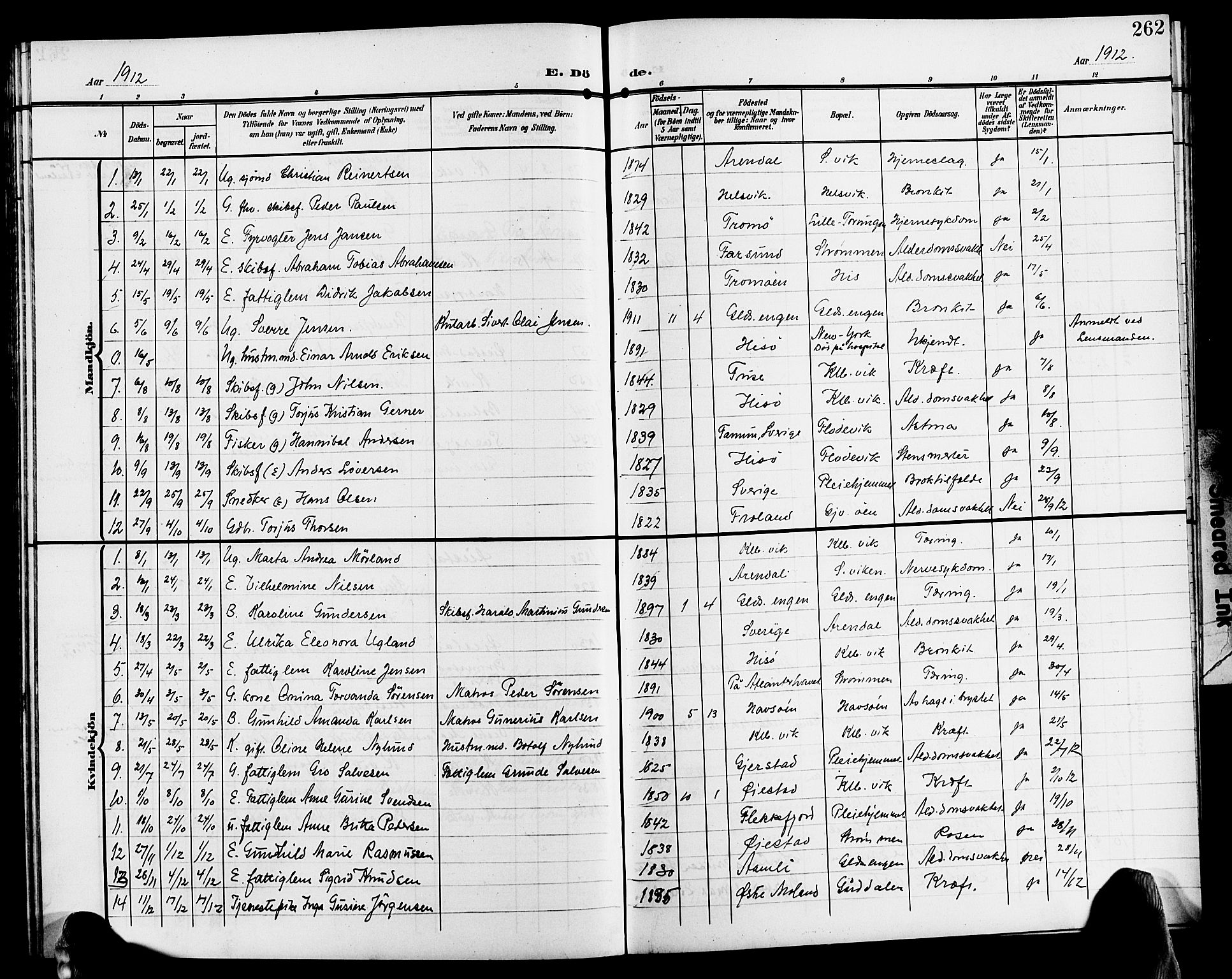 Hisøy sokneprestkontor, AV/SAK-1111-0020/F/Fb/L0004: Parish register (copy) no. B 4, 1905-1923, p. 262