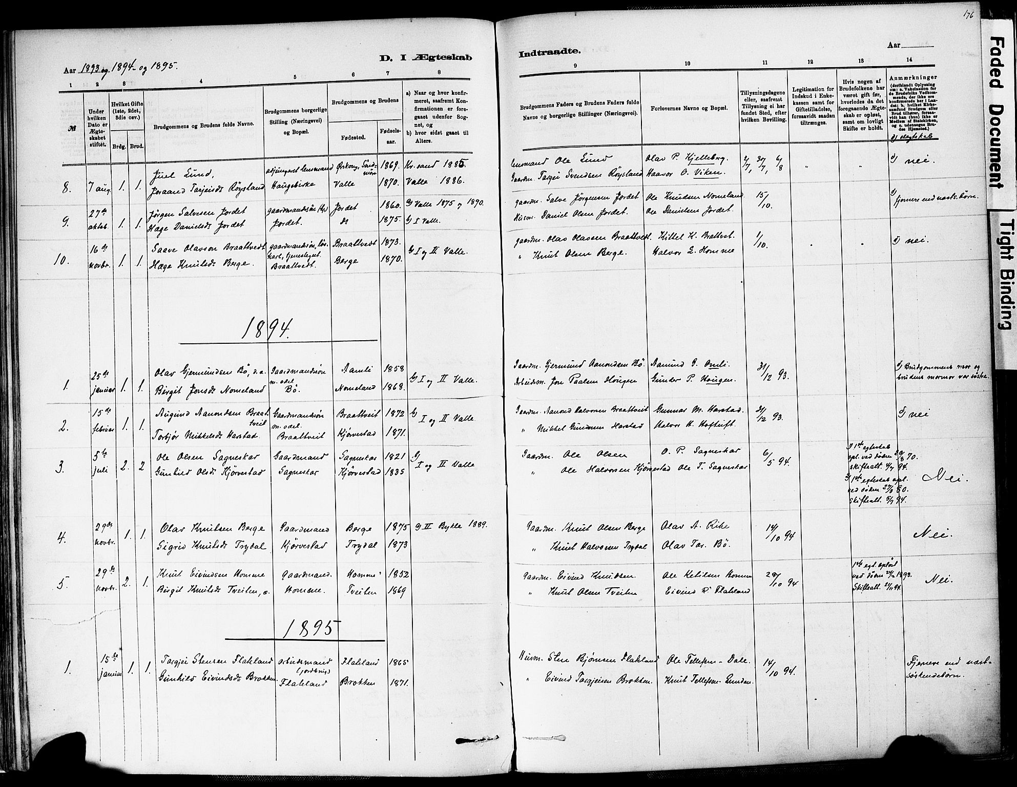 Valle sokneprestkontor, AV/SAK-1111-0044/F/Fa/Fac/L0009: Parish register (official) no. A 9, 1882-1913, p. 176