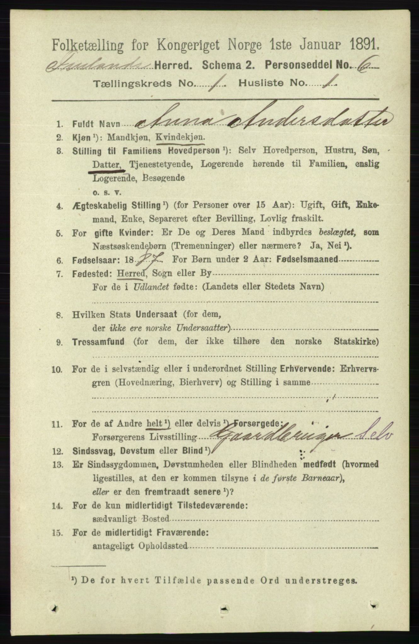 RA, 1891 census for 0935 Iveland, 1891, p. 65