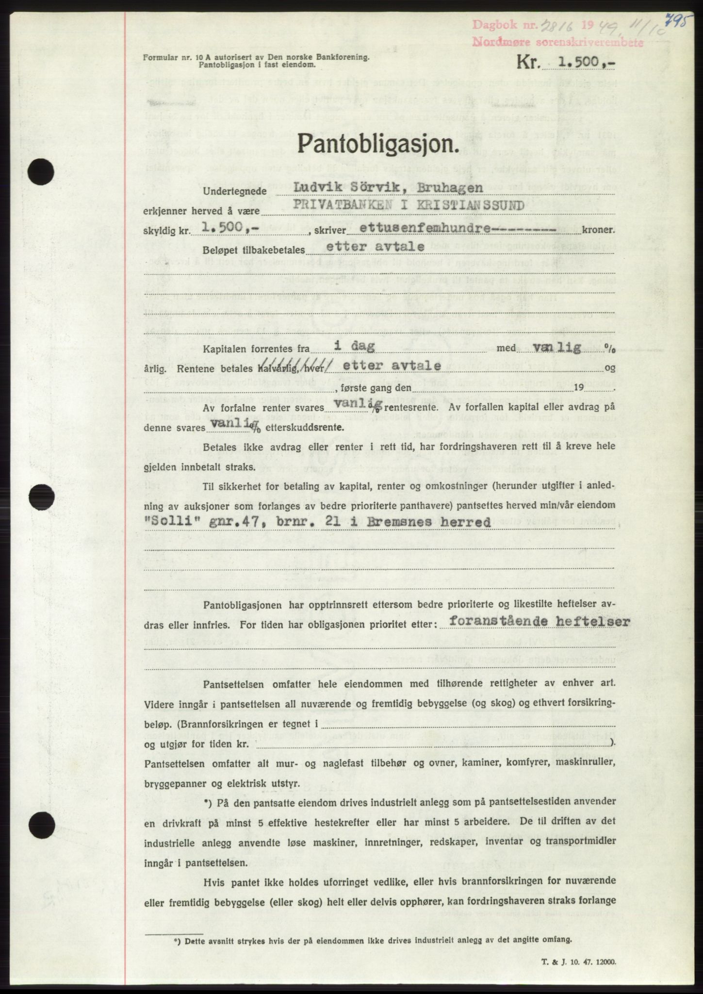 Nordmøre sorenskriveri, AV/SAT-A-4132/1/2/2Ca: Mortgage book no. B102, 1949-1949, Diary no: : 2816/1949