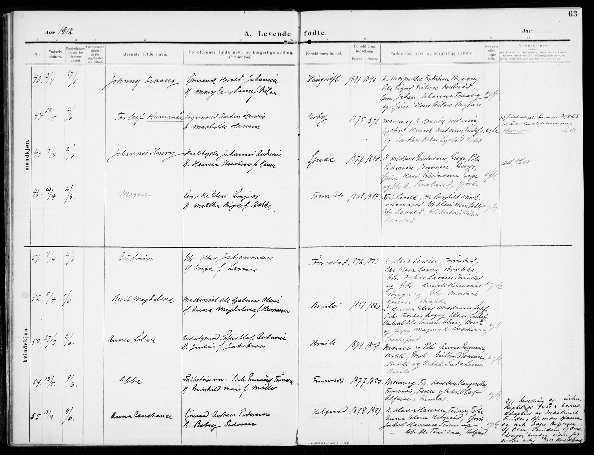 Sandar kirkebøker, SAKO/A-243/F/Fa/L0016: Parish register (official) no. 16, 1909-1919, p. 63
